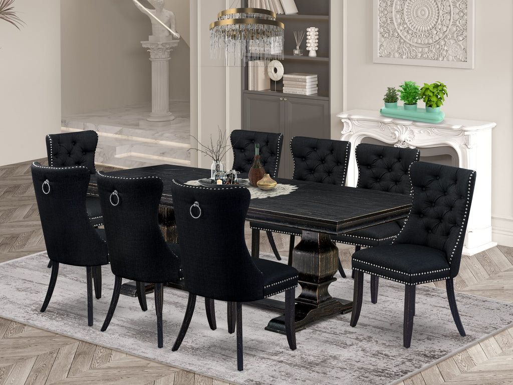 Luxe by East West Furniture LKDA9-SBB-24 - 9-piece kitchen table set consists of a dining table and 8 Black Linen Fabric kitchen chairs with Button Tufted Chair Back - Sand Blasting Black Finish.