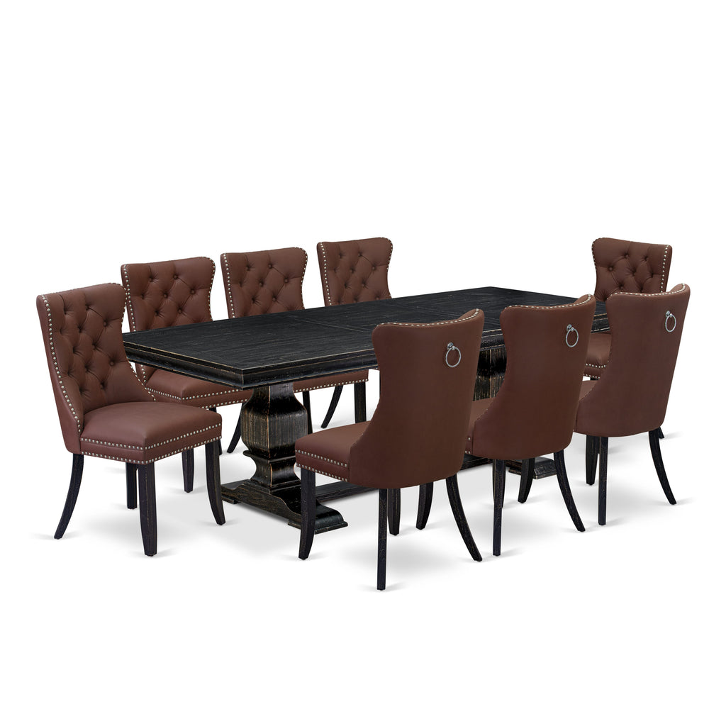 Luxe by East West Furniture LKDA9-SBB-26 - 9-piece kitchen dining set includes a wooden dining table and 8 Burgundy Faux Leather padded Chairs with Button Tufted Chair Back - Sand Blasting Black Finish