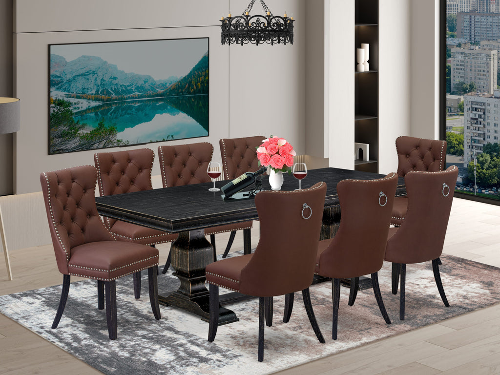 Luxe by East West Furniture LKDA9-SBB-26 - 9-piece kitchen dining set includes a wooden dining table and 8 Burgundy Faux Leather padded Chairs with Button Tufted Chair Back - Sand Blasting Black Finish