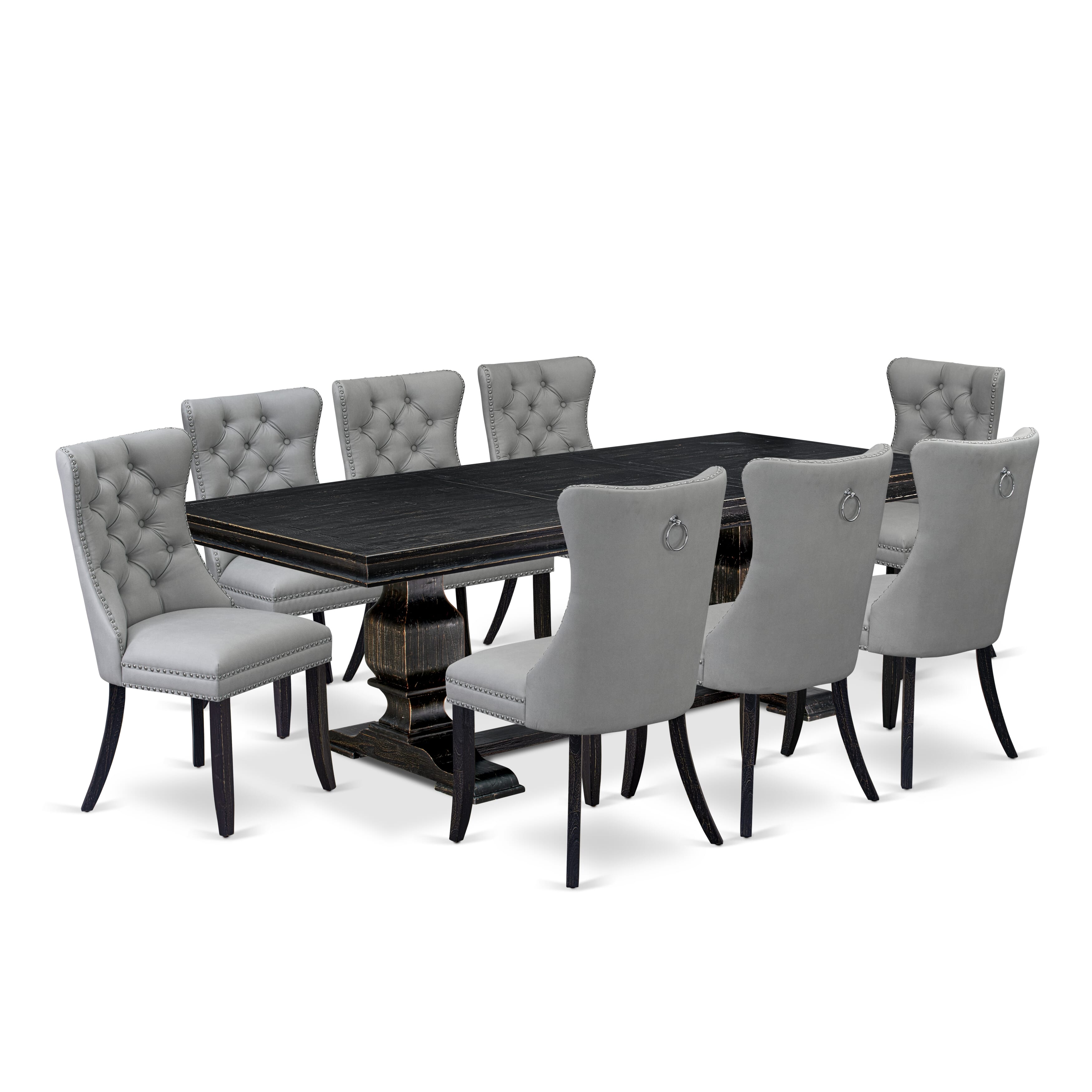 Luxe by East West Furniture LKDA9-SBB-27 - 9-piece dining set includes a rectangular table and 8 Light Gray Faux Leather dining Chairs with Button Tufted Chair Back - Sand Blasting Black Finish.