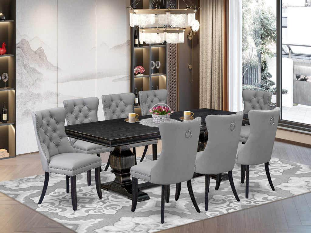 Luxe by East West Furniture LKDA9-SBB-27 - 9-piece dining set includes a rectangular table and 8 Light Gray Faux Leather dining Chairs with Button Tufted Chair Back - Sand Blasting Black Finish.