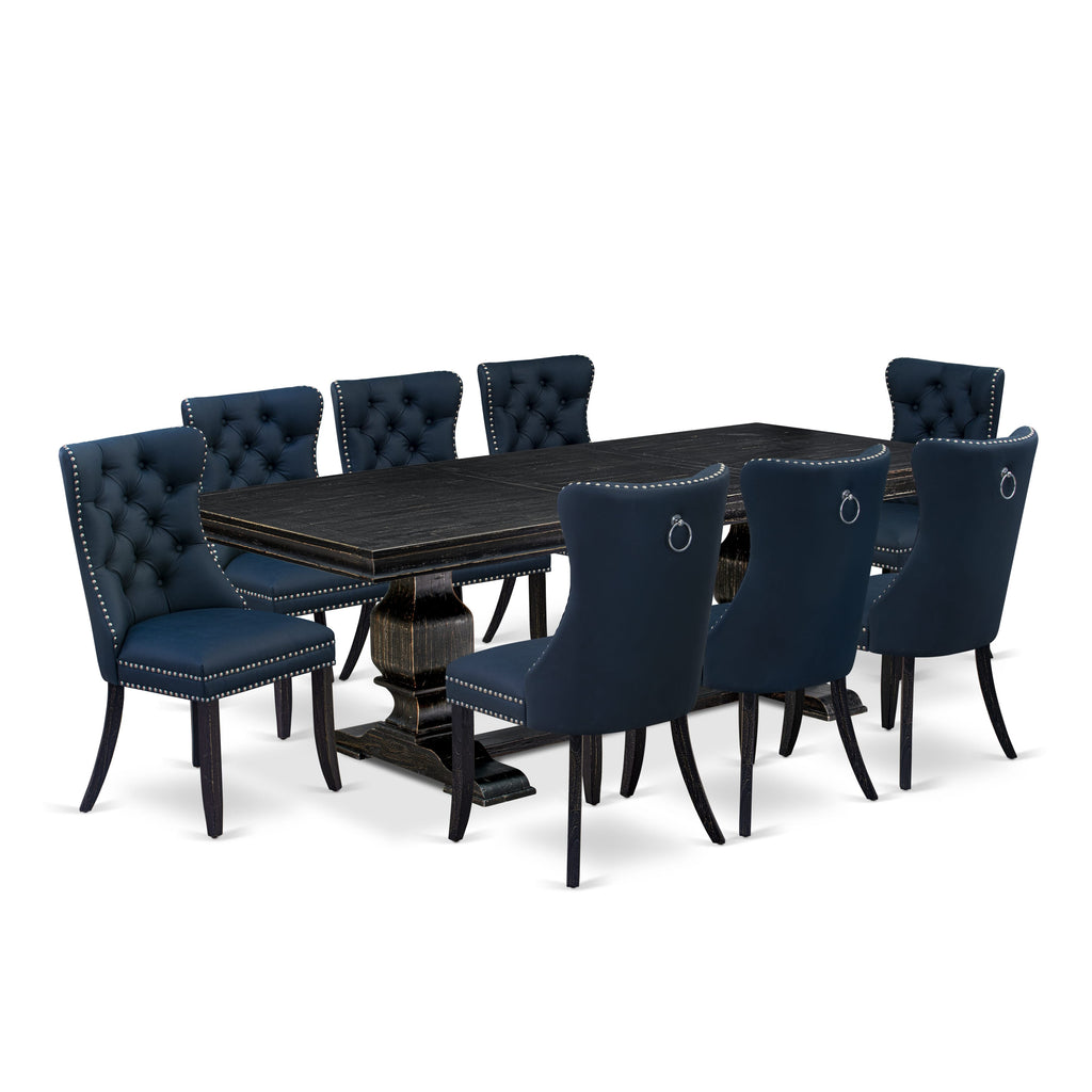 Luxe by East West Furniture LKDA9-SBB-29 - 9-piece kitchen table set includes a rectangular table and 8 Navy Blue Faux Leather parson chairs with Button Tufted Chair Back - Sand Blasting Black Finish.