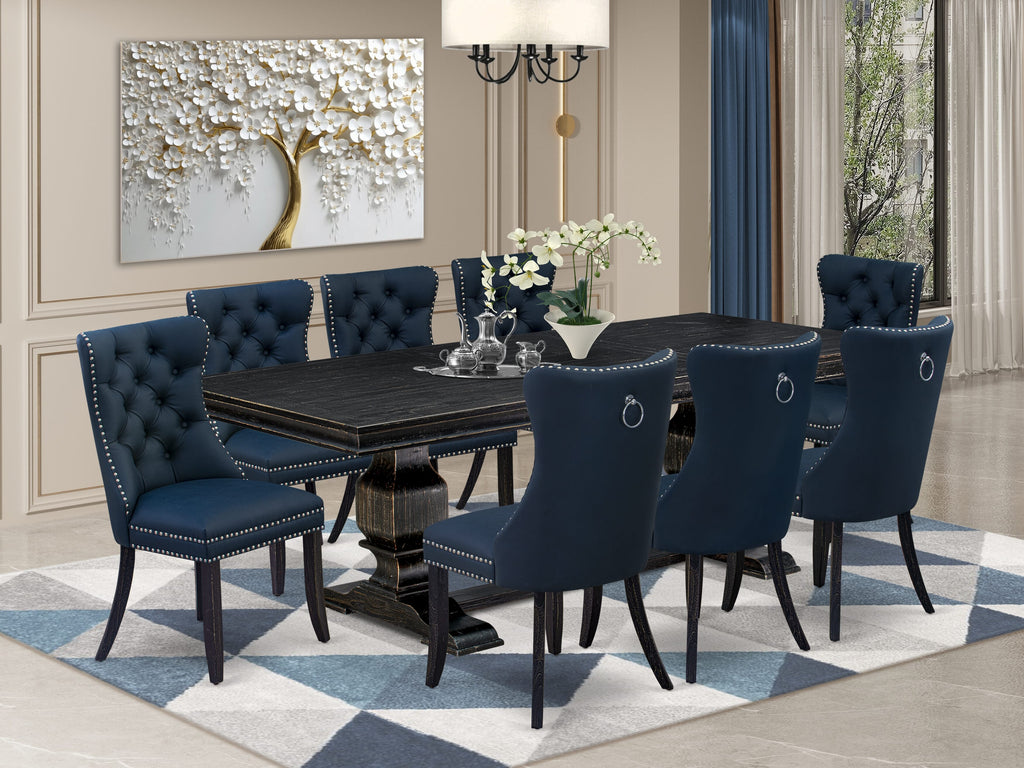 Luxe by East West Furniture LKDA9-SBB-29 - 9-piece kitchen table set includes a rectangular table and 8 Navy Blue Faux Leather parson chairs with Button Tufted Chair Back - Sand Blasting Black Finish.