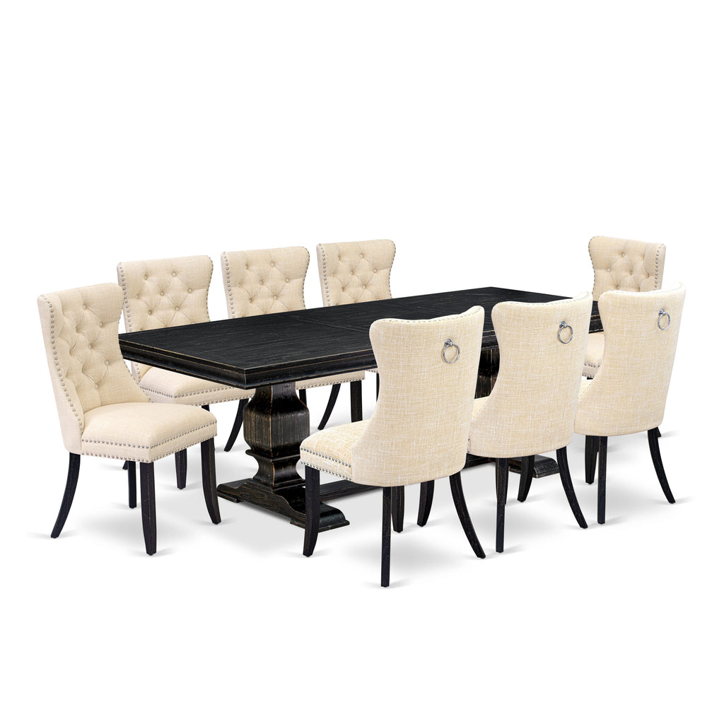 Luxe by East West Furniture LKDA9-SBB-32 - 9-piece dining set consists of a breakfast table and 8 Light Beige Linen Fabric dining room chairs with Button Tufted Chair Back - Sand Blasting Black Finish.