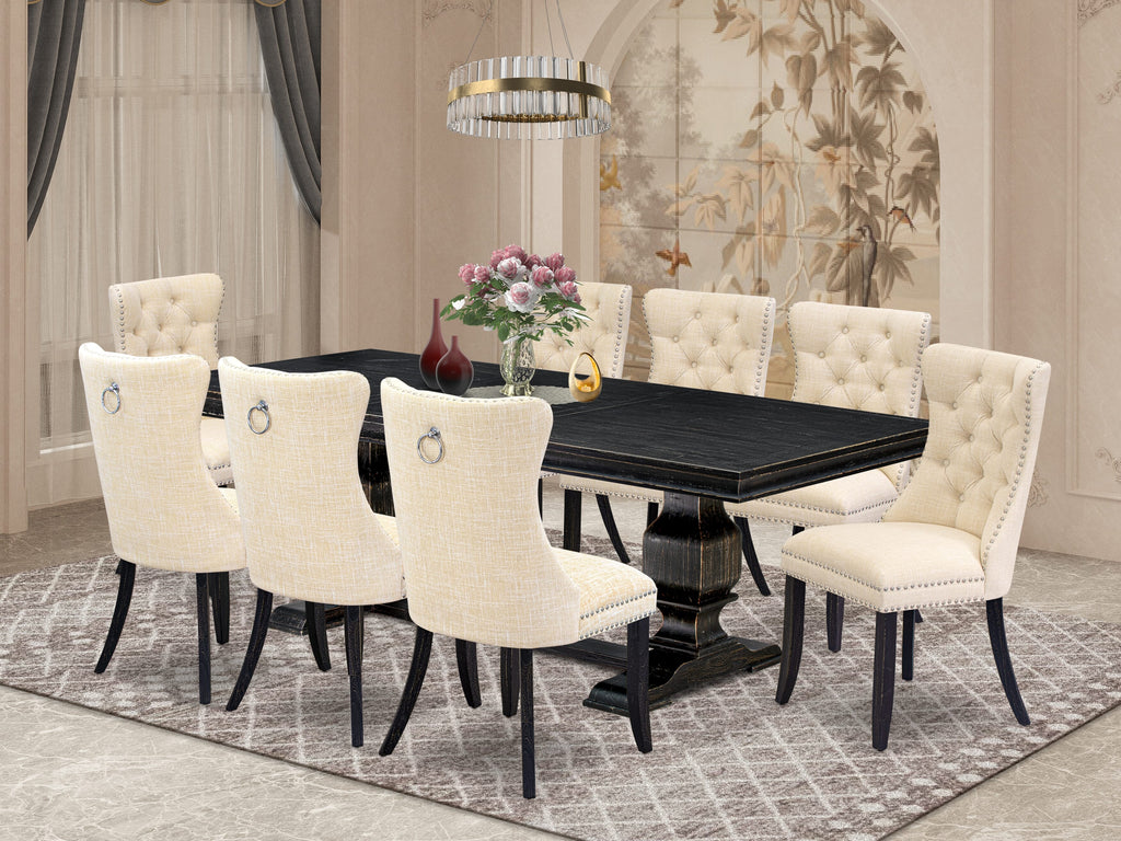 Luxe by East West Furniture LKDA9-SBB-32 - 9-piece dining set consists of a breakfast table and 8 Light Beige Linen Fabric dining room chairs with Button Tufted Chair Back - Sand Blasting Black Finish.