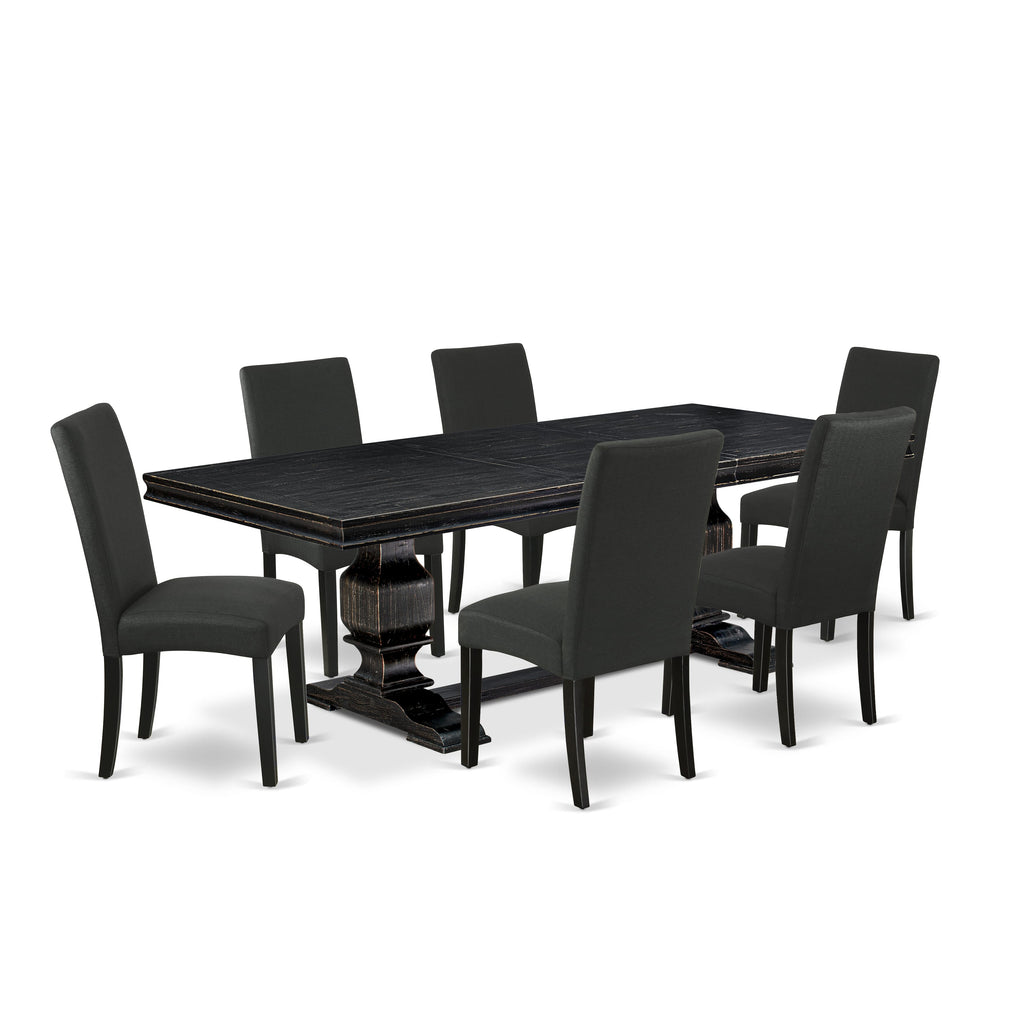 Luxe by East West Furniture LKDR7-SBB-24 - 7-piece dining set consists of a wooden table and 6 Black Linen Fabric dining chairs with Padded Chair Back - Sand Blasting Black Finish.