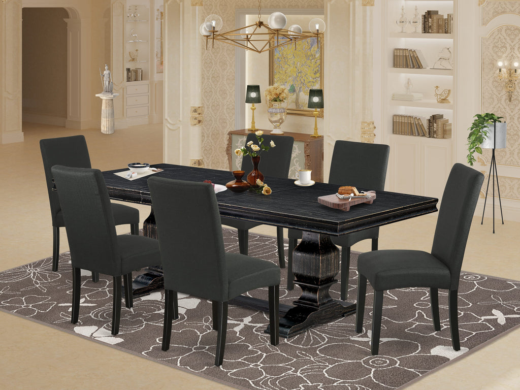 Luxe by East West Furniture LKDR7-SBB-24 - 7-piece dining set consists of a wooden table and 6 Black Linen Fabric dining chairs with Padded Chair Back - Sand Blasting Black Finish.