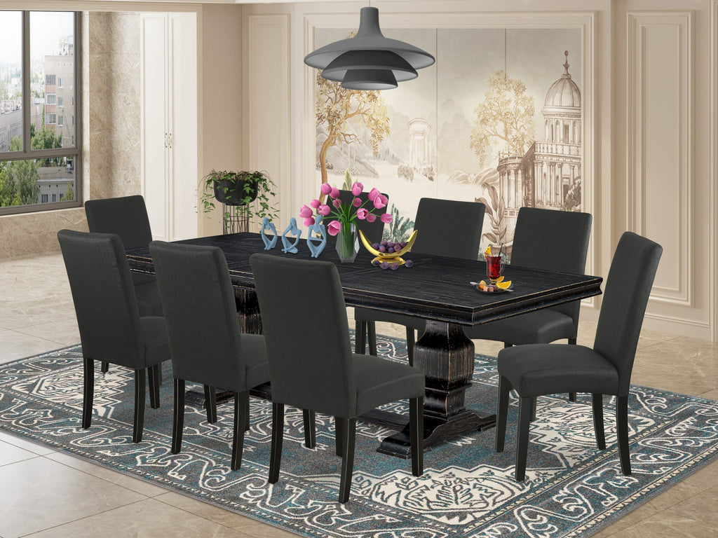 Luxe by East West Furniture LKDR9-SBB-24 - 9-piece modern kitchen table set consists of a breakfast table and 8 Black Linen Fabric dining chairs with Padded Chair Back - Sand Blasting Black Finish.