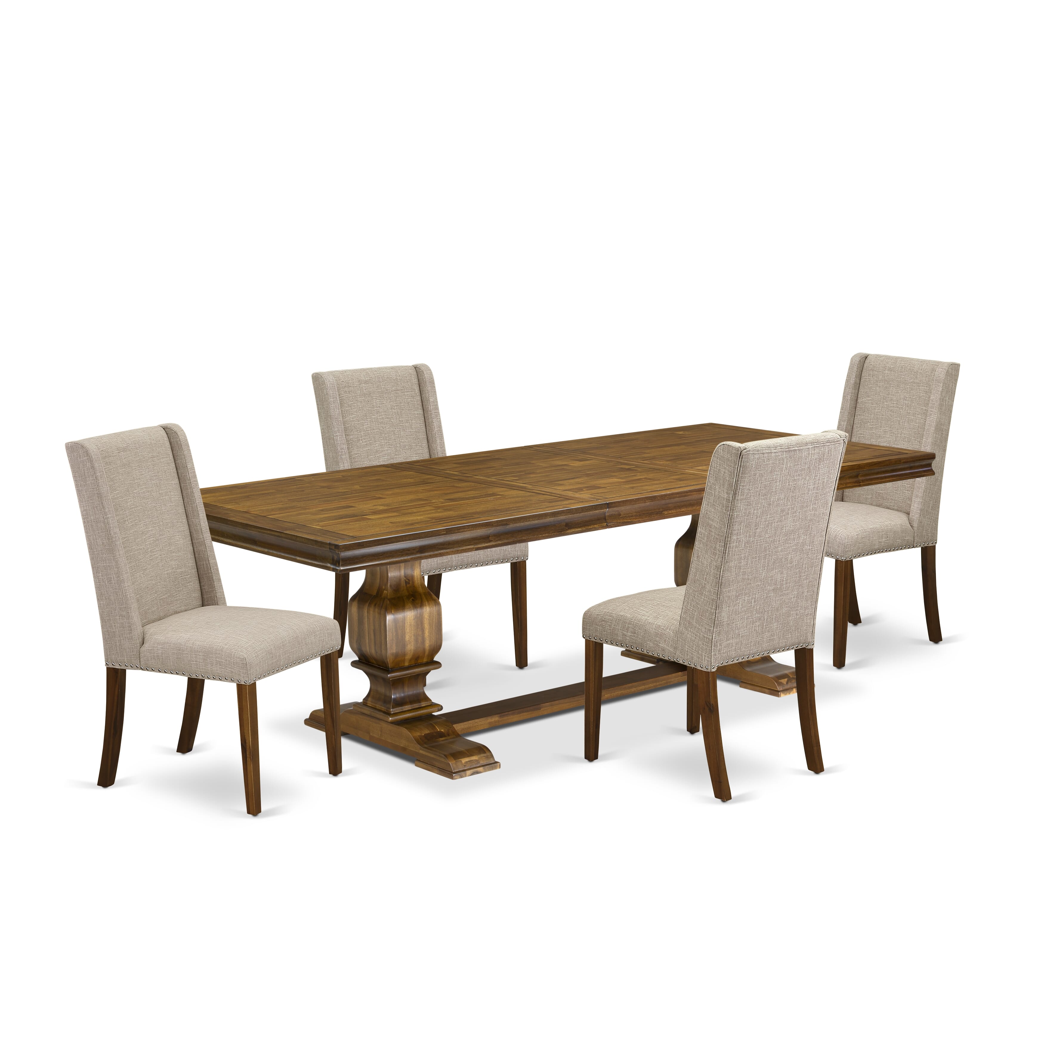Luxe by East West Furniture LKFL5-AWA-04 - 5-piece dining room set includes a dining table and 4 Light Tan Linen Fabric kitchen chairs with Padded Chair Back - Antique Walnut Finish.