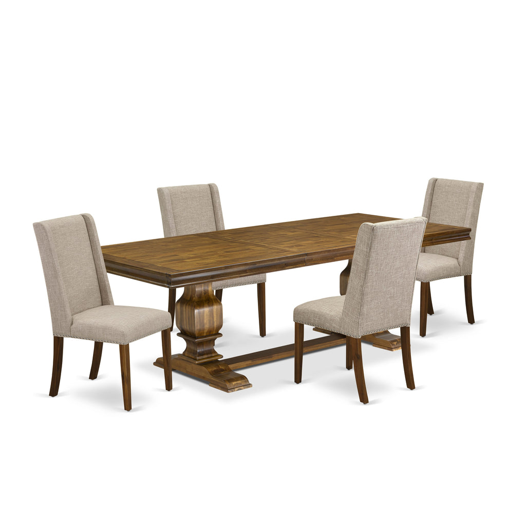 Luxe by East West Furniture LKFL5-AWA-04 - 5-piece dining room set includes a dining table and 4 Light Tan Linen Fabric kitchen chairs with Padded Chair Back - Antique Walnut Finish.