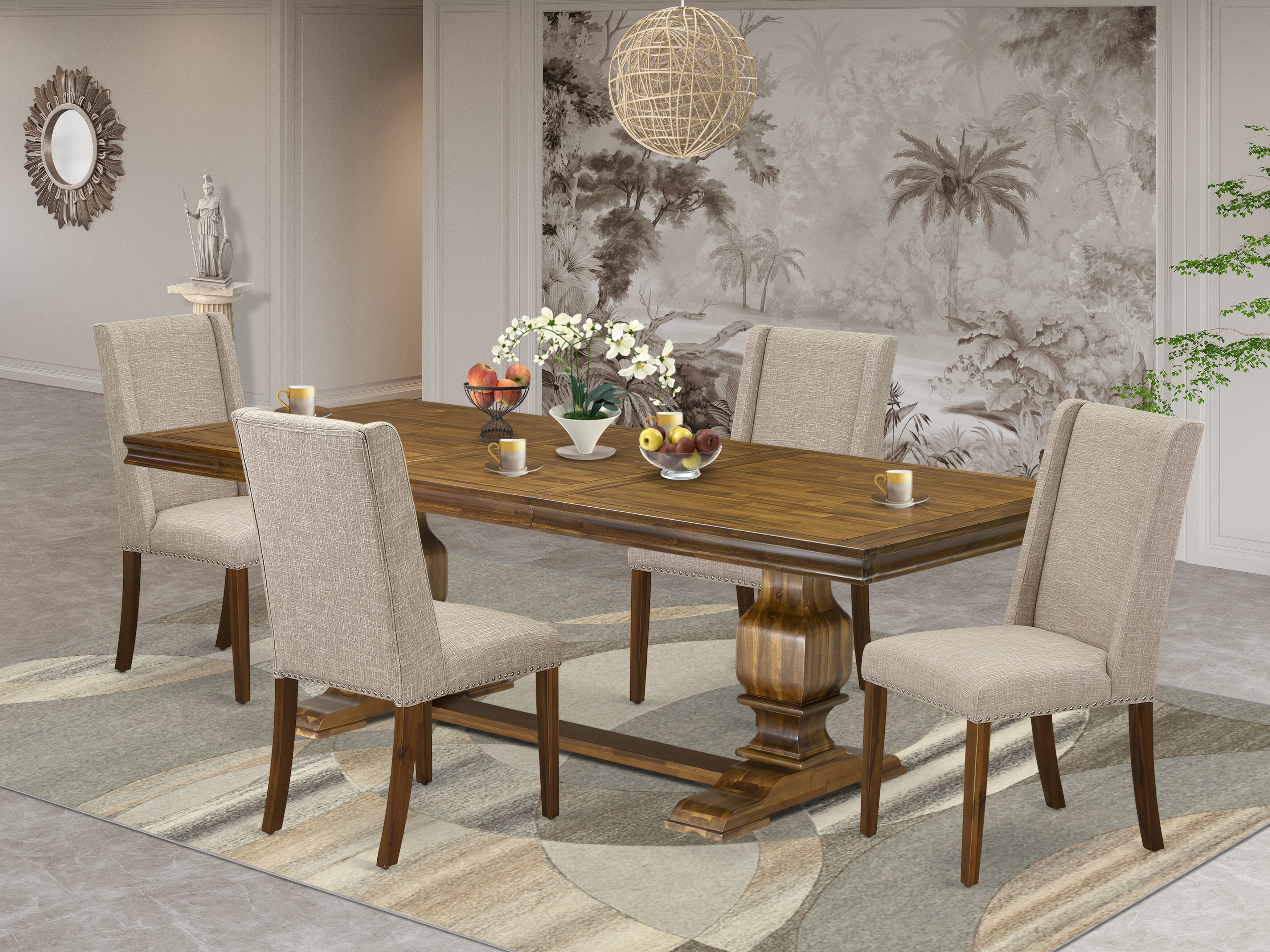 Luxe by East West Furniture LKFL5-AWA-04 - 5-piece dining room set includes a dining table and 4 Light Tan Linen Fabric kitchen chairs with Padded Chair Back - Antique Walnut Finish.