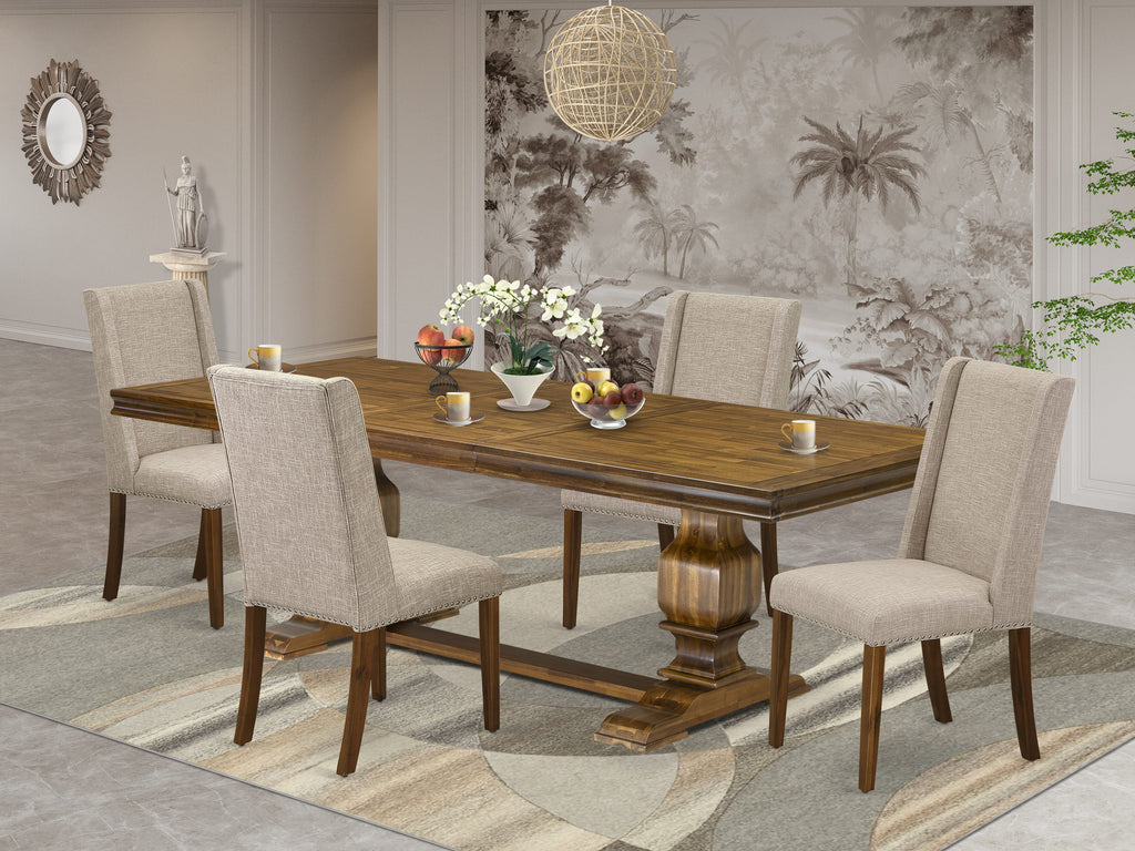 Luxe by East West Furniture LKFL5-AWA-04 - 5-piece dining room set includes a dining table and 4 Light Tan Linen Fabric kitchen chairs with Padded Chair Back - Antique Walnut Finish.