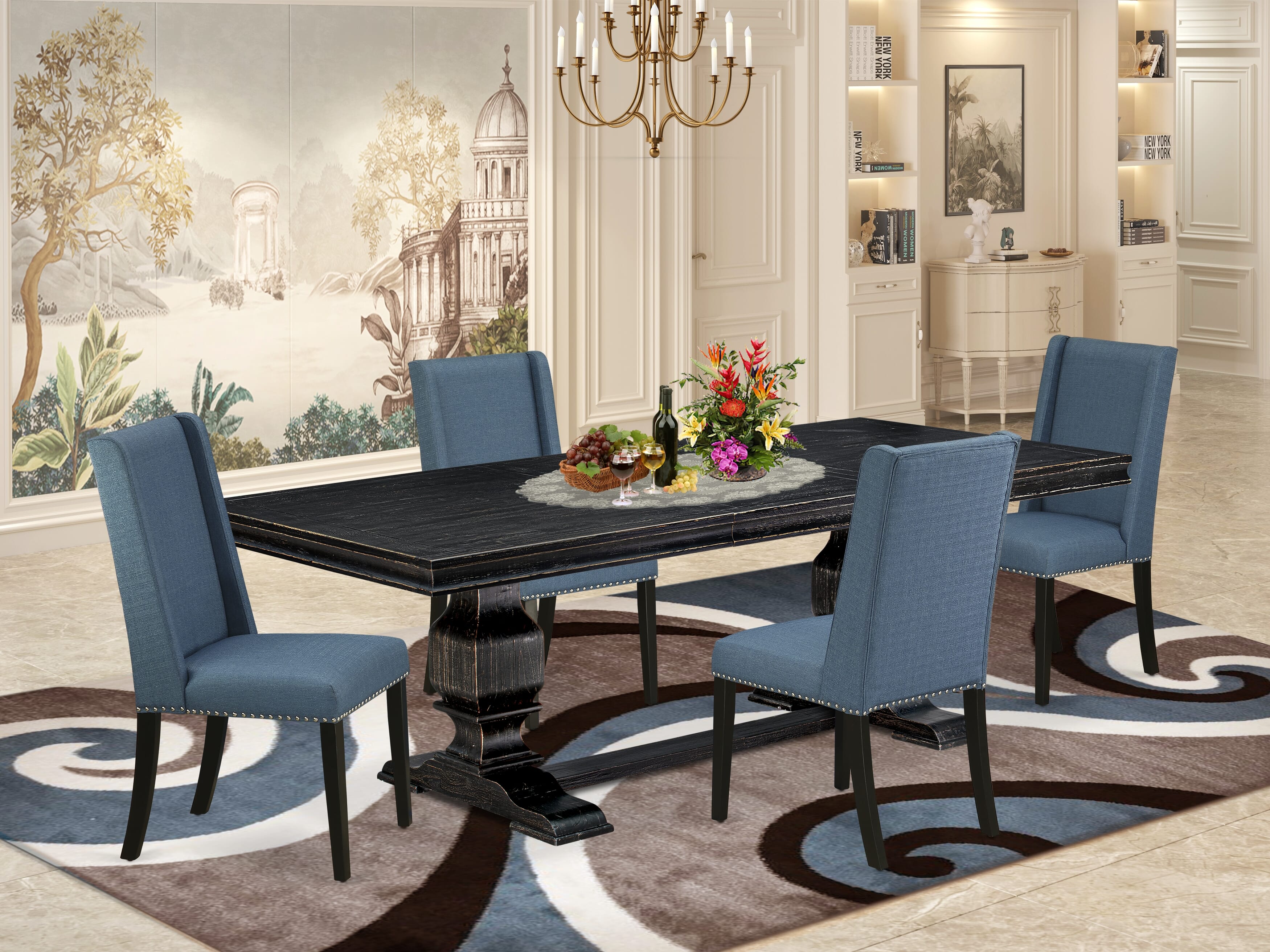 Luxe by East West Furniture LKFL5-SBB-21 - 5-piece kitchen table set consists of a rectangular table and 4 Mineral Blue Linen Fabric dining chairs with Padded Chair Back - Sand Blasting Black Finish.