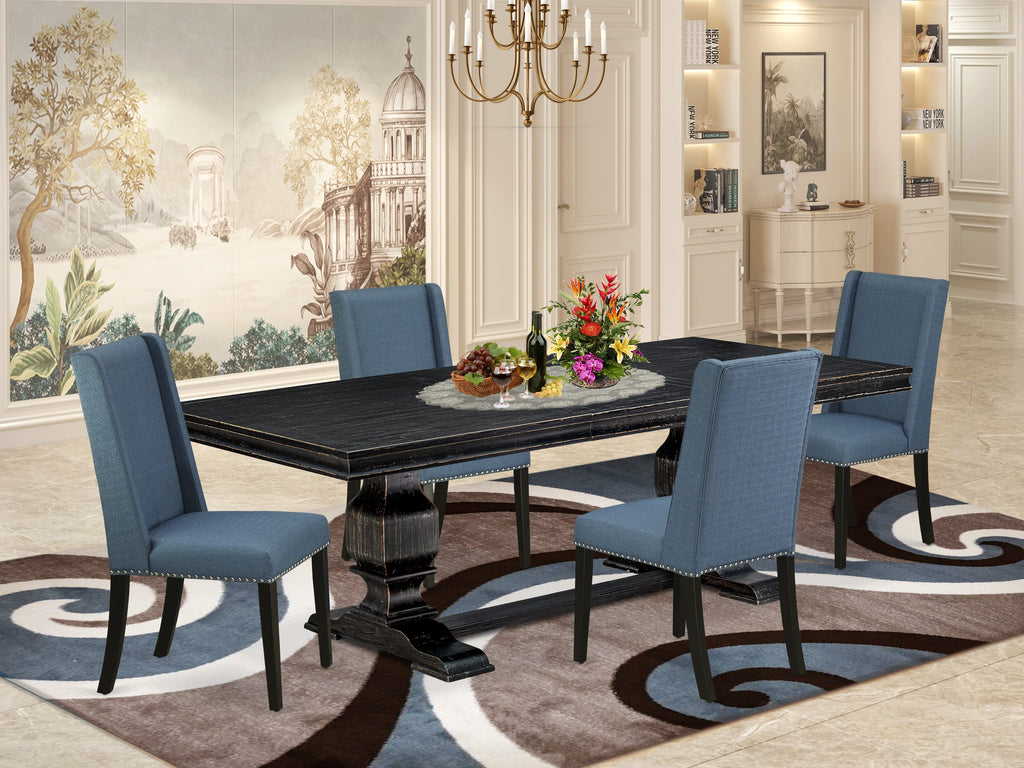 Luxe by East West Furniture LKFL5-SBB-21 - 5-piece kitchen table set consists of a rectangular table and 4 Mineral Blue Linen Fabric dining chairs with Padded Chair Back - Sand Blasting Black Finish.