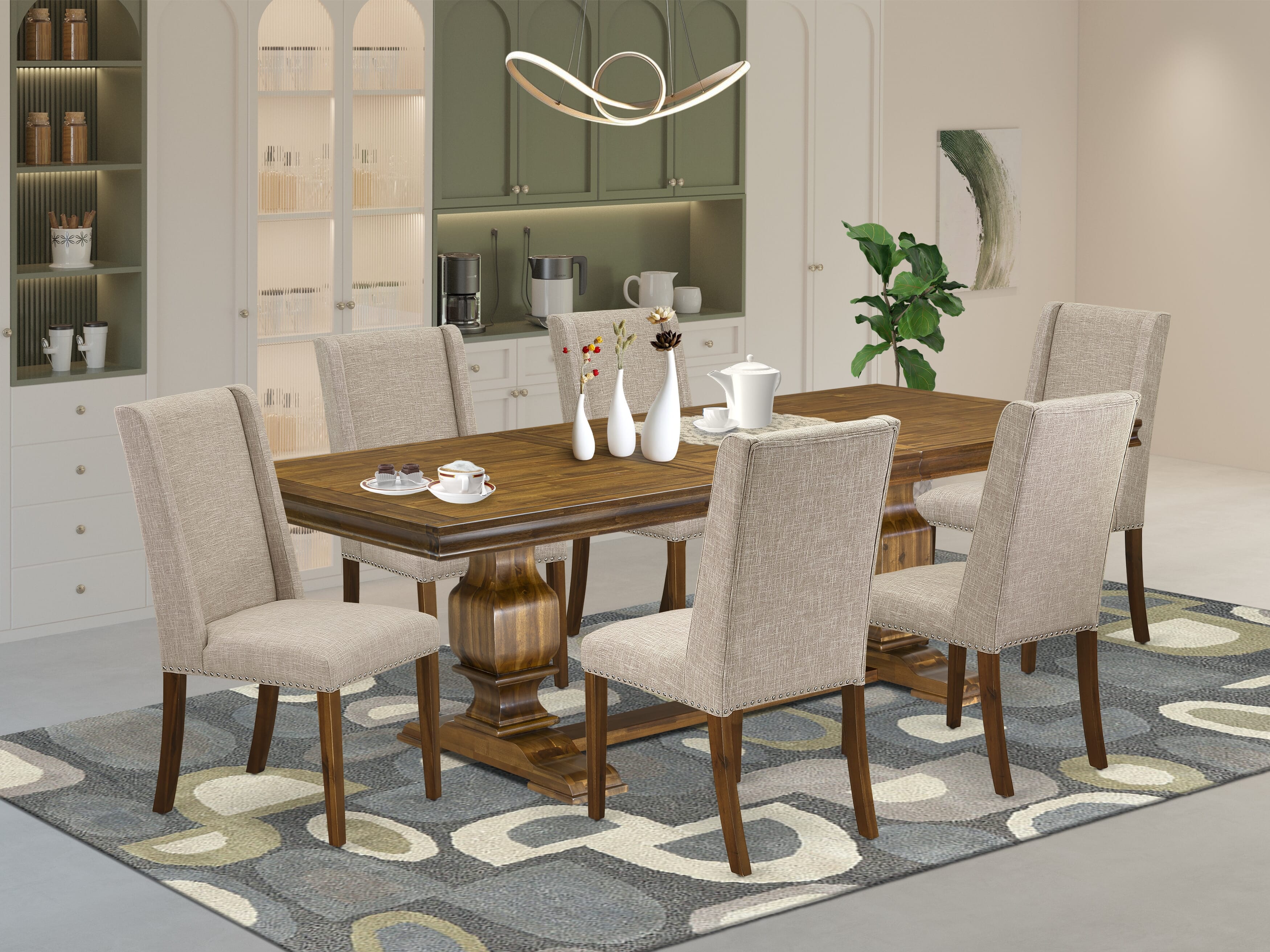 Luxe by East West Furniture LKFL7-AWA-04 - 7-piece dining table set consists of a dinner table and 6 Light Tan Linen Fabric upholstered chairs with Padded Chair Back - Antique Walnut Finish.