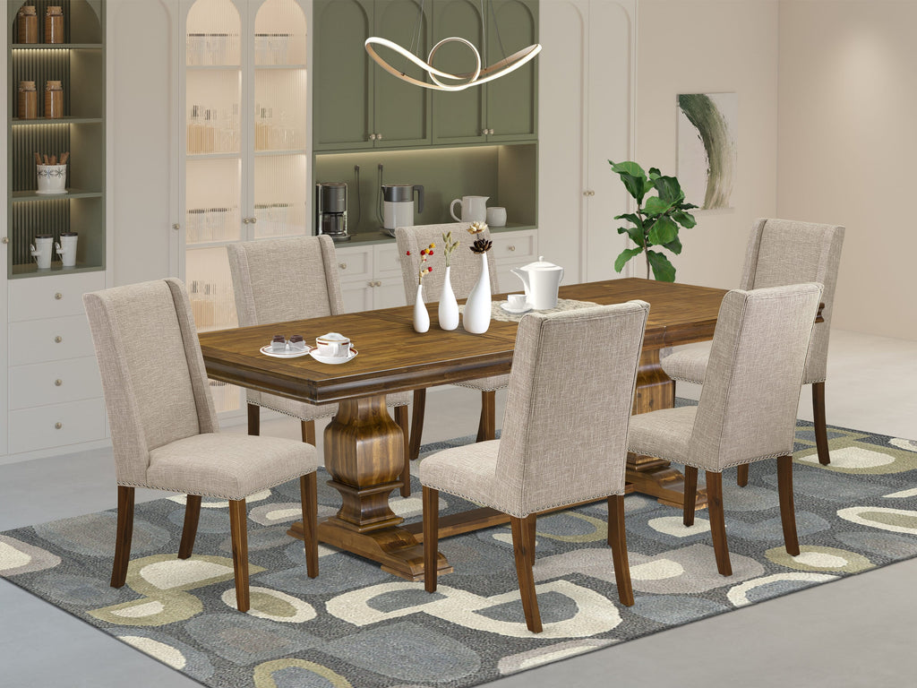 Luxe by East West Furniture LKFL7-AWA-04 - 7-piece dining table set consists of a dinner table and 6 Light Tan Linen Fabric upholstered chairs with Padded Chair Back - Antique Walnut Finish.