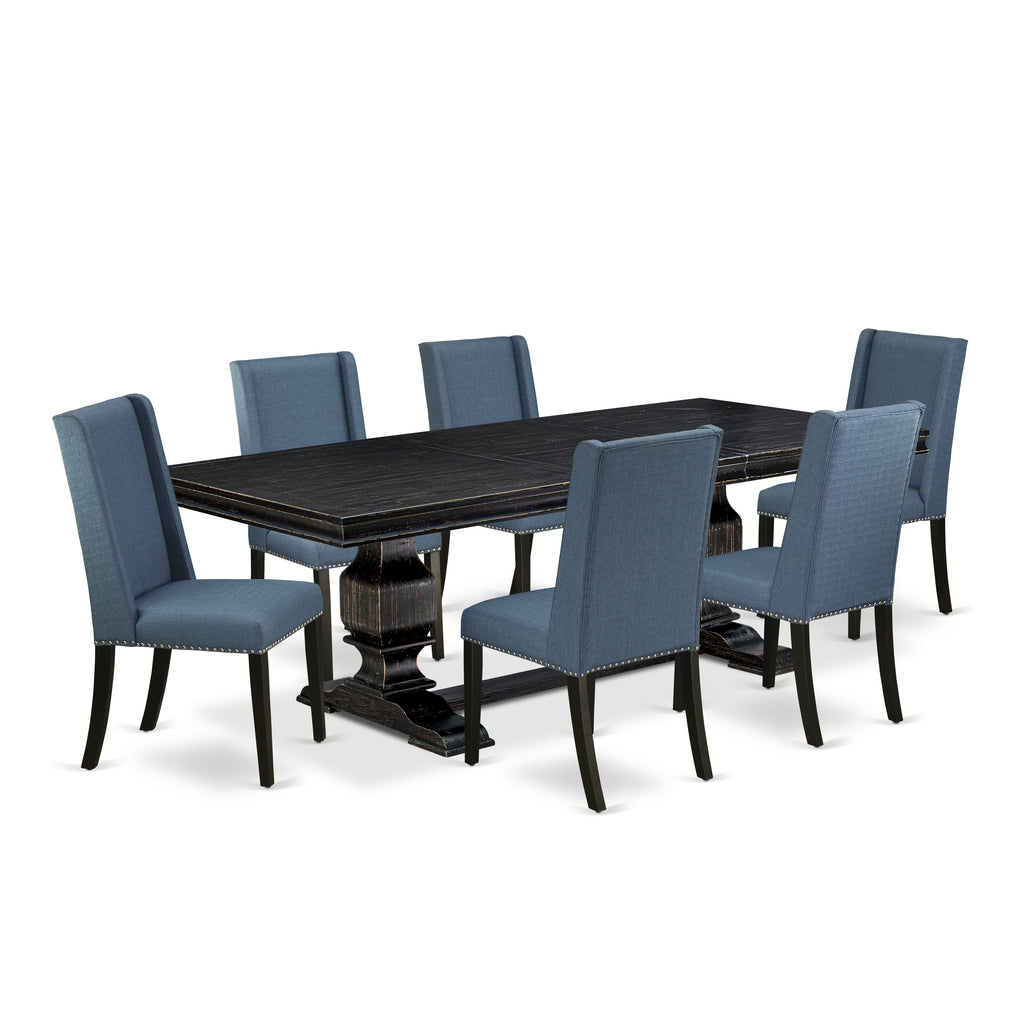 Luxe by East West Furniture LKFL7-SBB-21 - 7-piece dining room set consists of a breakfast table and 6 Mineral Blue Linen Fabric dining chairs with Padded Chair Back - Sand Blasting Black Finish.