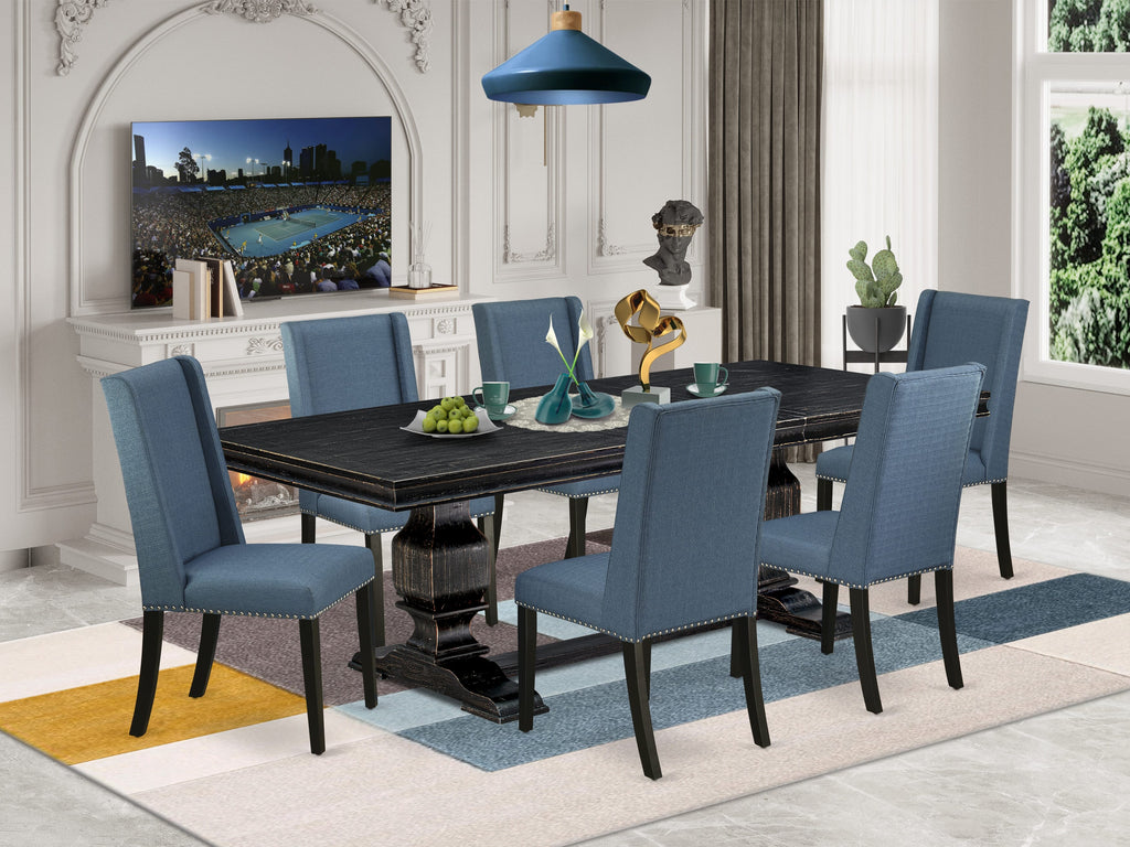 Luxe by East West Furniture LKFL7-SBB-21 - 7-piece dining room set consists of a breakfast table and 6 Mineral Blue Linen Fabric dining chairs with Padded Chair Back - Sand Blasting Black Finish.