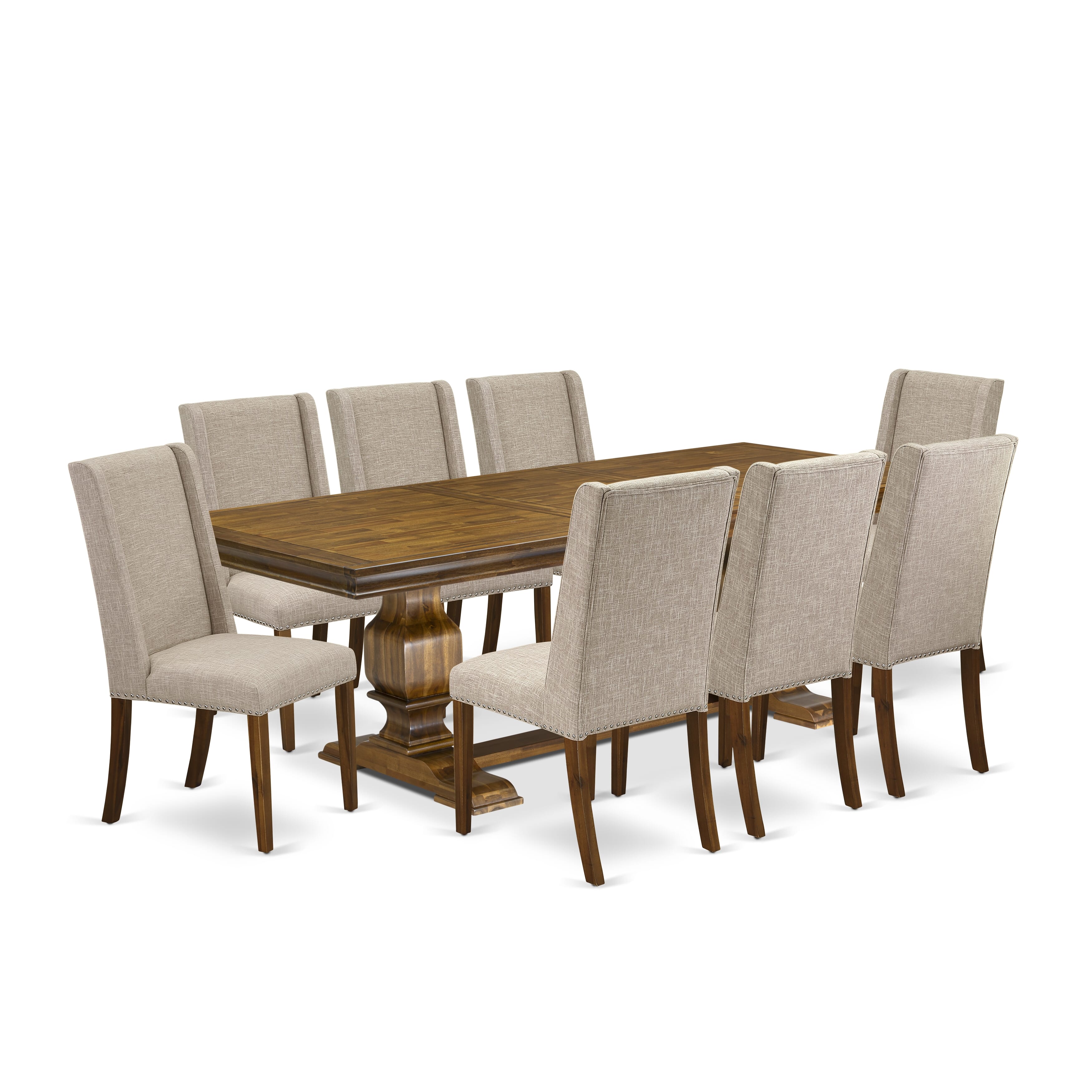 Luxe by East West Furniture LKFL9-AWA-04 - 9-piece modern dining set includes a breakfast table and 8 Light Tan Linen Fabric kitchen chairs with Padded Chair Back - Antique Walnut Finish.