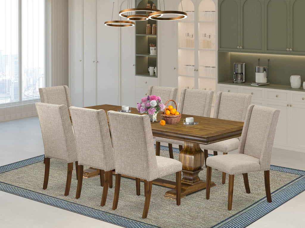 Luxe by East West Furniture LKFL9-AWA-04 - 9-piece modern dining set includes a breakfast table and 8 Light Tan Linen Fabric kitchen chairs with Padded Chair Back - Antique Walnut Finish.
