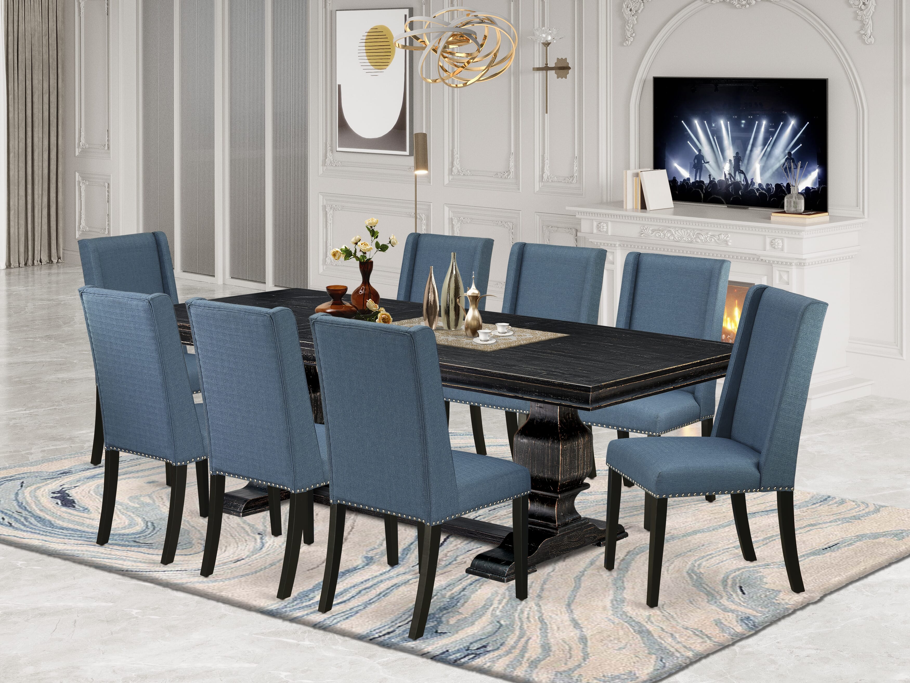 Luxe by East West Furniture LKFL9-SBB-21 - 9-piece dining table set consists of a dinner table and 8 Mineral Blue Linen Fabric kitchen chairs with Padded Chair Back - Sand Blasting Black Finish.