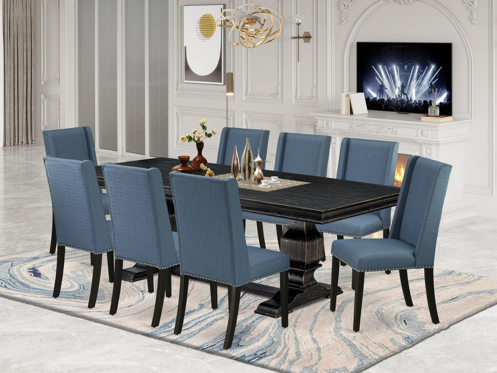 Luxe by East West Furniture LKFL9-SBB-21 - 9-piece dining table set consists of a dinner table and 8 Mineral Blue Linen Fabric kitchen chairs with Padded Chair Back - Sand Blasting Black Finish.