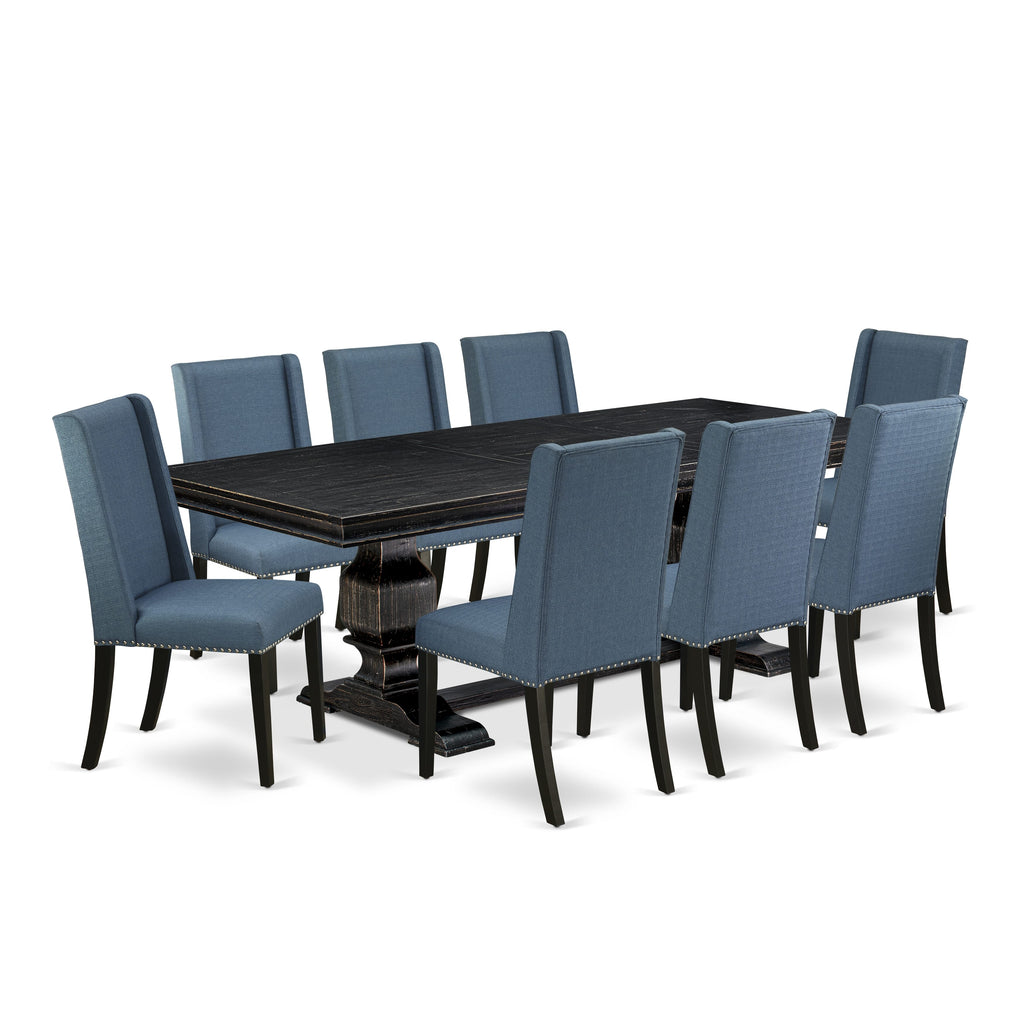Luxe by East West Furniture LKFL9-SBB-21 - 9-piece dining table set consists of a dinner table and 8 Mineral Blue Linen Fabric kitchen chairs with Padded Chair Back - Sand Blasting Black Finish.