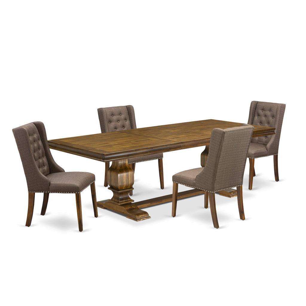 Luxe by East West Furniture LKFO5-AWA-18 - 5-piece dining table set includes a kitchen table and 4 Brown Linen Fabric kitchen chairs with Button Tufted Chair Back - Antique Walnut finish.