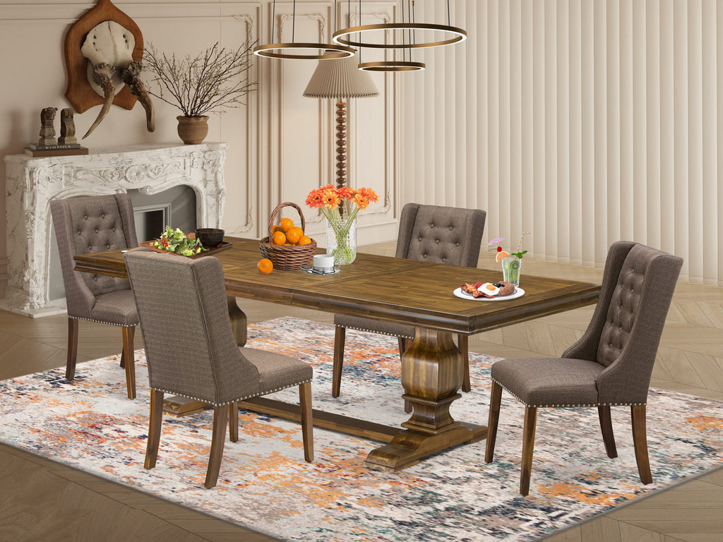Luxe by East West Furniture LKFO5-AWA-18 - 5-piece dining table set includes a kitchen table and 4 Brown Linen Fabric kitchen chairs with Button Tufted Chair Back - Antique Walnut finish.