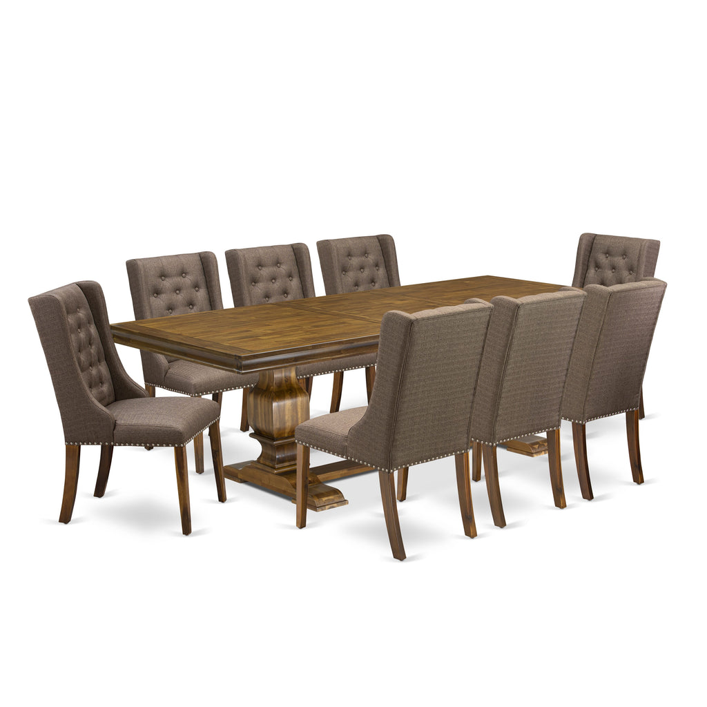 Luxe by East West Furniture LKFO9-AWA-18- 9-piece mid-century kitchen set consists of a dinner table and 8 Brown Linen Fabric kitchen chairs with Button Tufted Chair Back - Antique Walnut finish.