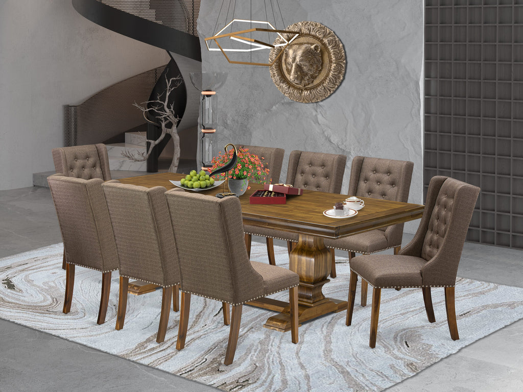 Luxe by East West Furniture LKFO9-AWA-18- 9-piece mid-century kitchen set consists of a dinner table and 8 Brown Linen Fabric kitchen chairs with Button Tufted Chair Back - Antique Walnut finish.