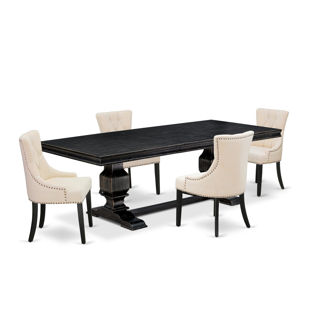 Luxe by East West Furniture LKFR5-SBB-02 - 5-piece kitchen set consists of a table and 4 Light Beige Linen Fabric dining chairs & black legs with Button Tufted Back - Sand Blasting Black finish.