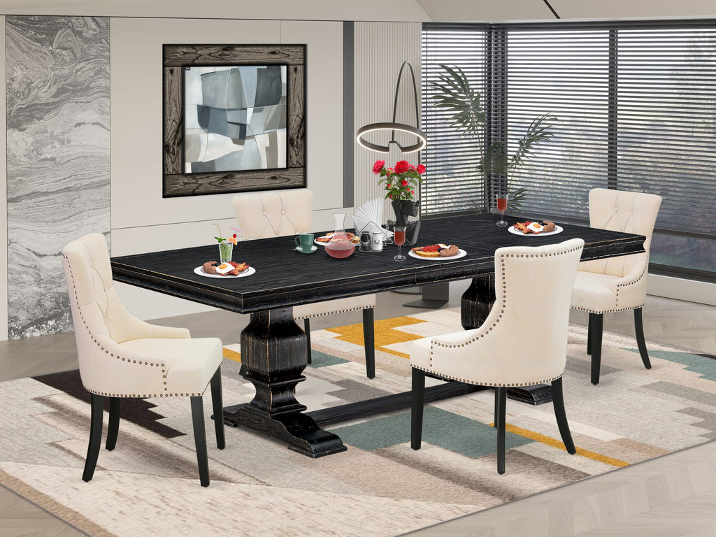 Luxe by East West Furniture LKFR5-SBB-02 - 5-piece kitchen set consists of a table and 4 Light Beige Linen Fabric dining chairs & black legs with Button Tufted Back - Sand Blasting Black finish.