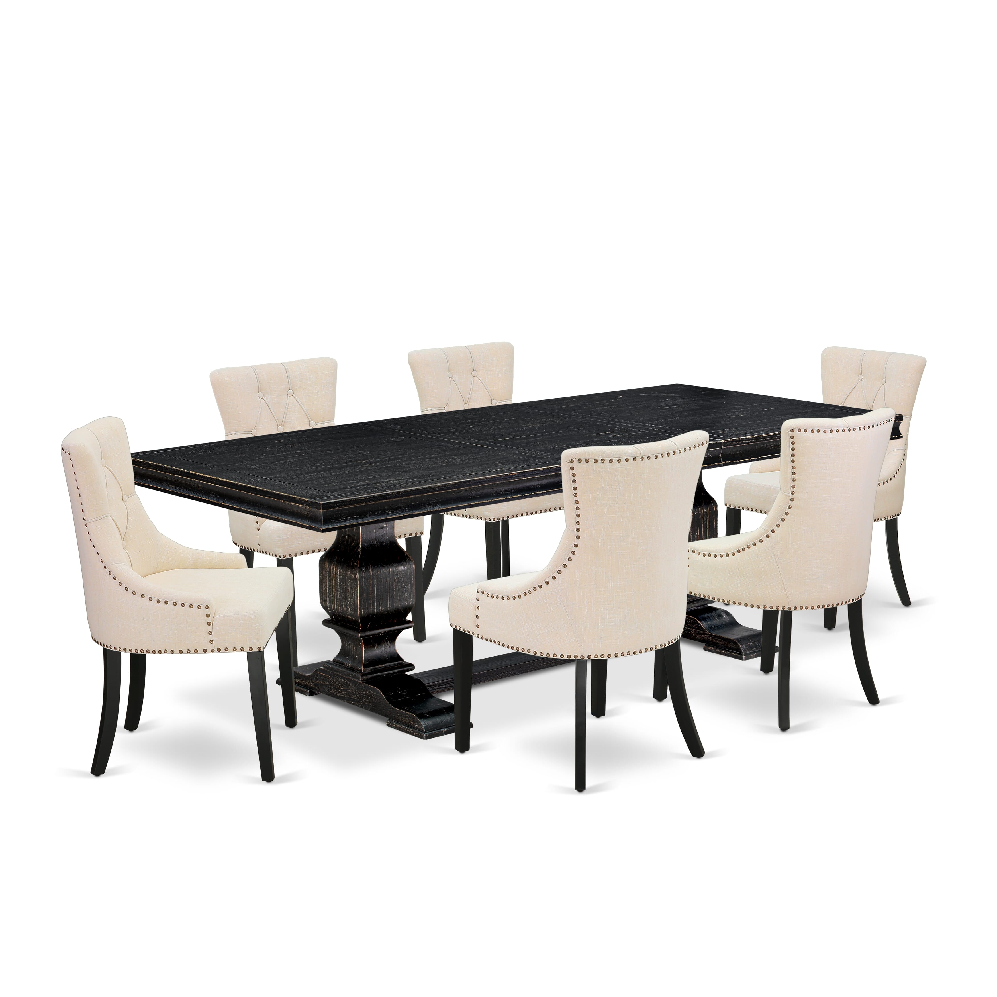 Luxe by East West Furniture LKFR7-SBB-02 - 7-piece dining set includes a dining table and 6 Light Beige Linen Fabric kitchen chairs & black legs with Button Tufted Back - Sand Blasting Black finish.
