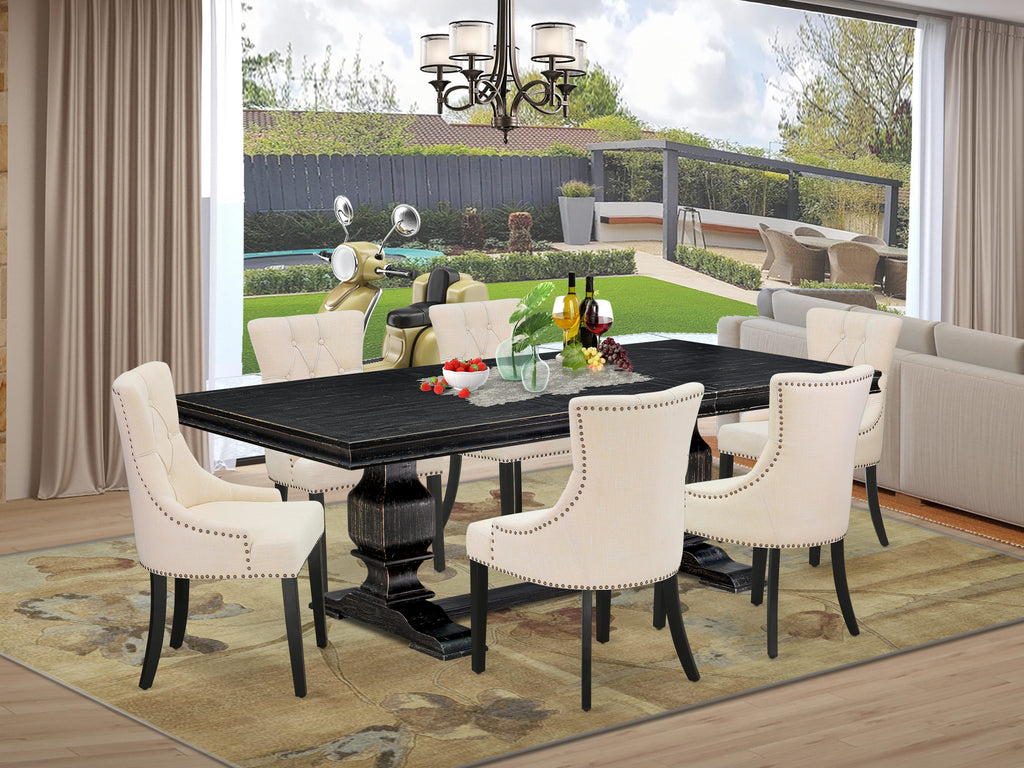 Luxe by East West Furniture LKFR7-SBB-02 - 7-piece dining set includes a dining table and 6 Light Beige Linen Fabric kitchen chairs & black legs with Button Tufted Back - Sand Blasting Black finish.