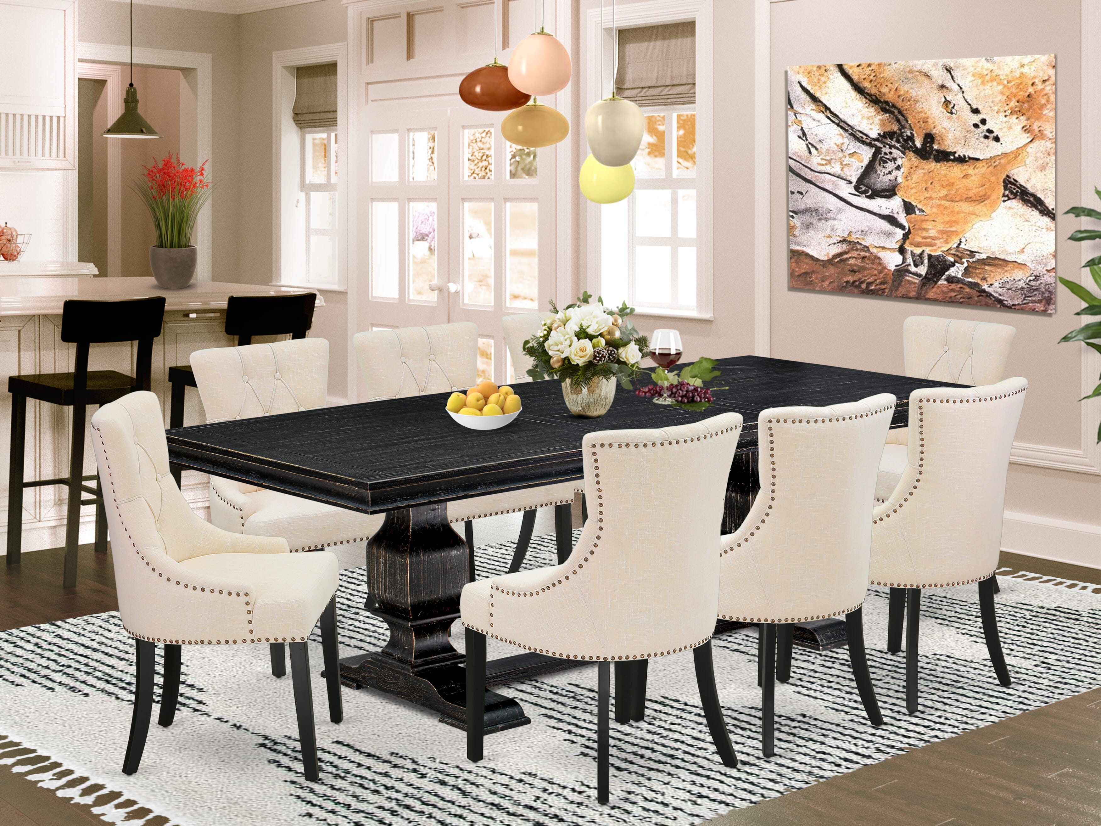 Luxe by East West Furniture LKFR9-SBB-02 - 9-piece kitchen set consists of a dining table & 8 Light Beige Linen Fabric kitchen chairs & black legs with Button Tufted Back - Sand Blasting Black finish.