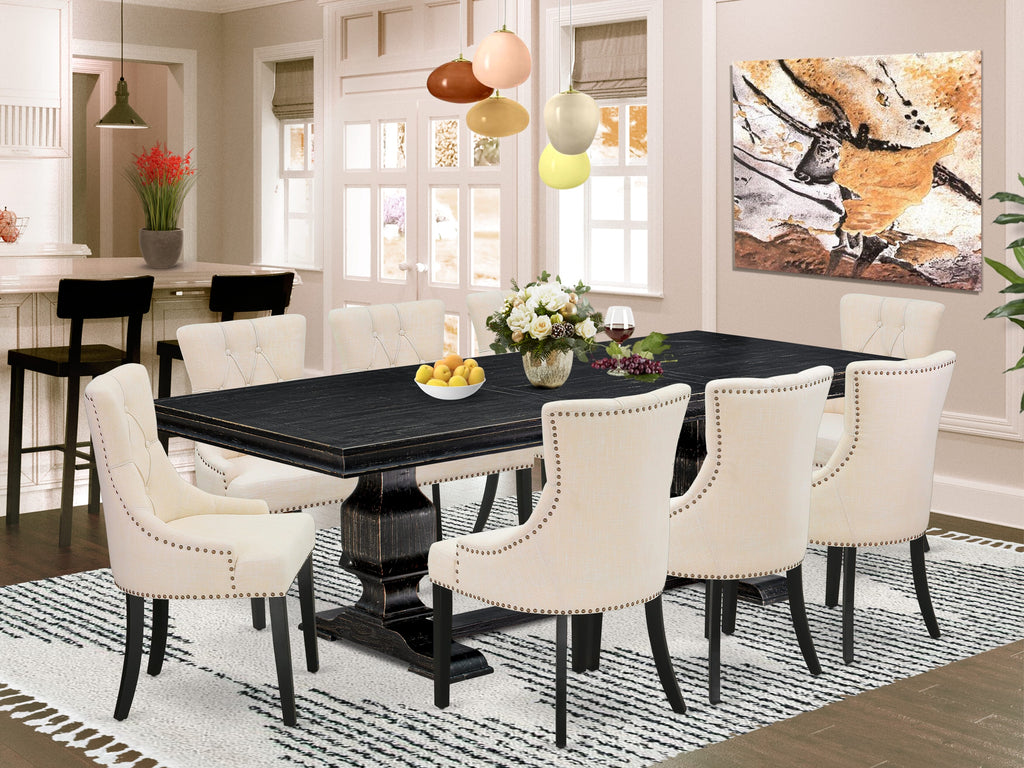 Luxe by East West Furniture LKFR9-SBB-02 - 9-piece kitchen set consists of a dining table & 8 Light Beige Linen Fabric kitchen chairs & black legs with Button Tufted Back - Sand Blasting Black finish.