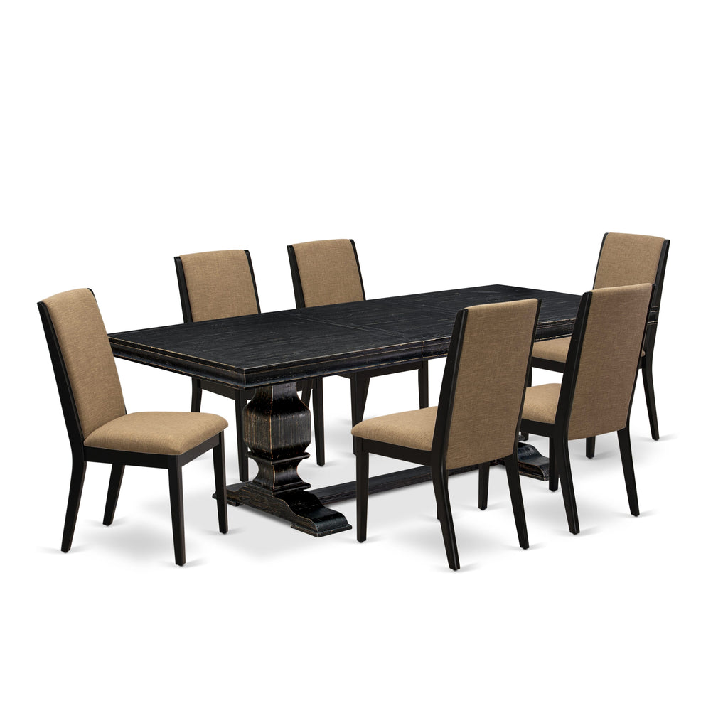 Luxe by East West Furniture LKLA7-SBB-47 7 Pieces Kitchen Set consists of a Rectangular Dining Table and 6 Light Sable Linen Fabric Dining Room Chairs with Black legs - Sand Blasting Black finish