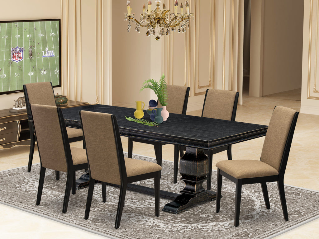 Luxe by East West Furniture LKLA7-SBB-47 7 Pieces Kitchen Set consists of a Rectangular Dining Table and 6 Light Sable Linen Fabric Dining Room Chairs with Black legs - Sand Blasting Black finish