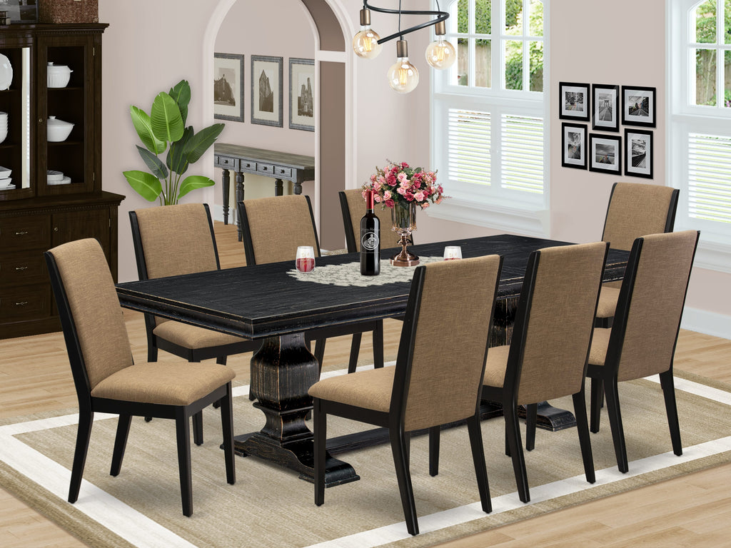 Luxe by East West Furniture LKLA9-SBB-47 9 Pieces Kitchen table Set Includes a Rectangular Dining Room Table and 8 Light Sable Linen Fabric Dining Chairs with Black legs - Sand Blasting Black finish