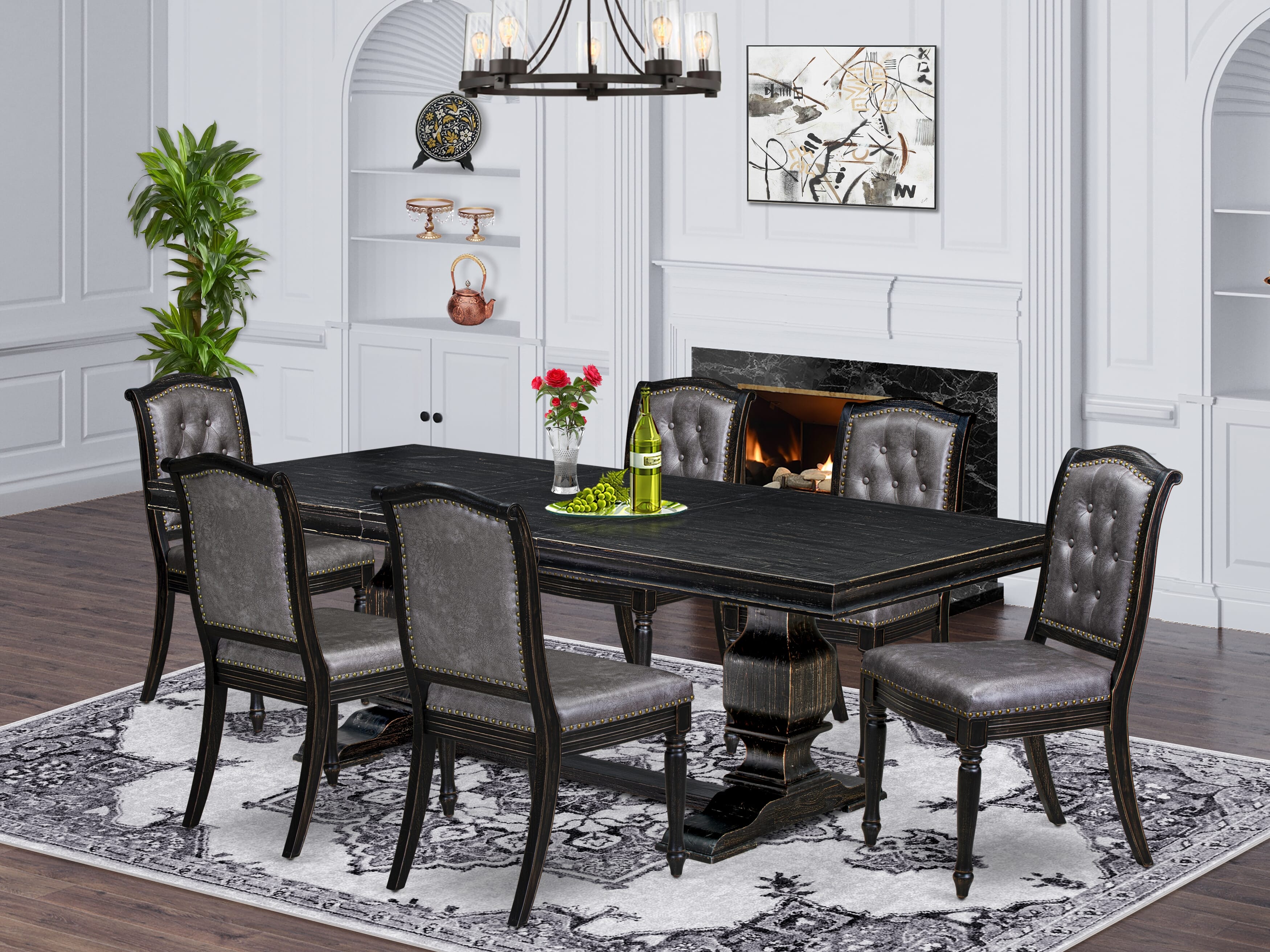Luxe by East West Furniture - LKMA7-SBB-34 - 7-piece Dining Room Set consists of a Dinner Table and 6 Dark Grey PU Leather Modern Dining Chairs with Button Tufted Back - Sand Blasting Black Finish