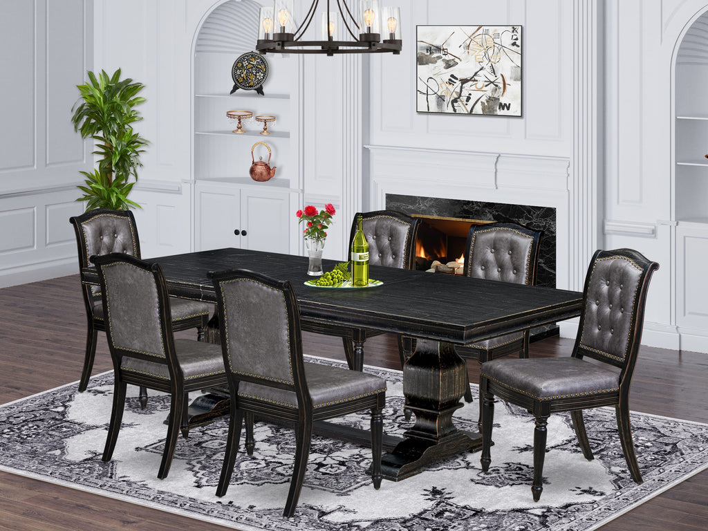 Luxe by East West Furniture - LKMA7-SBB-34 - 7-piece Dining Room Set consists of a Dinner Table and 6 Dark Grey PU Leather Modern Dining Chairs with Button Tufted Back - Sand Blasting Black Finish