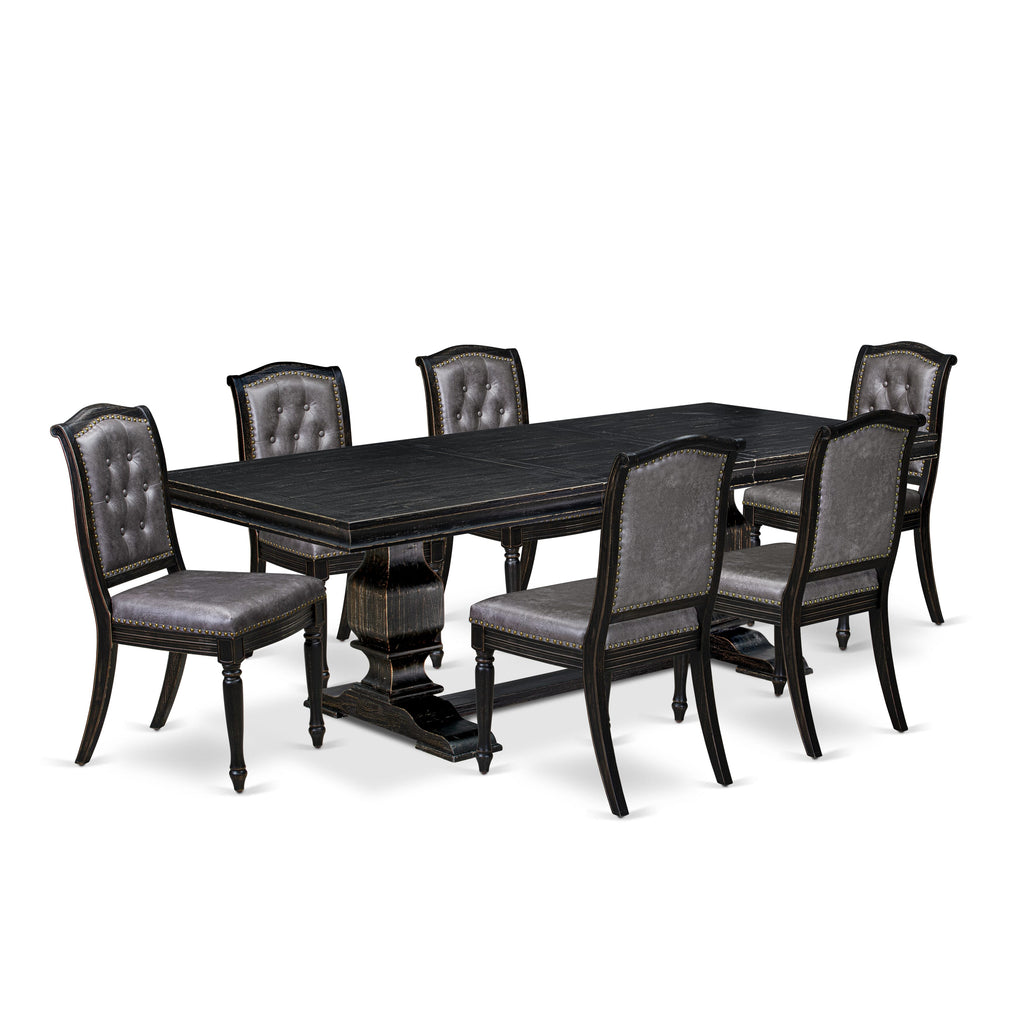 Luxe by East West Furniture - LKMA7-SBB-34 - 7-piece Dining Room Set consists of a Dinner Table and 6 Dark Grey PU Leather Modern Dining Chairs with Button Tufted Back - Sand Blasting Black Finish