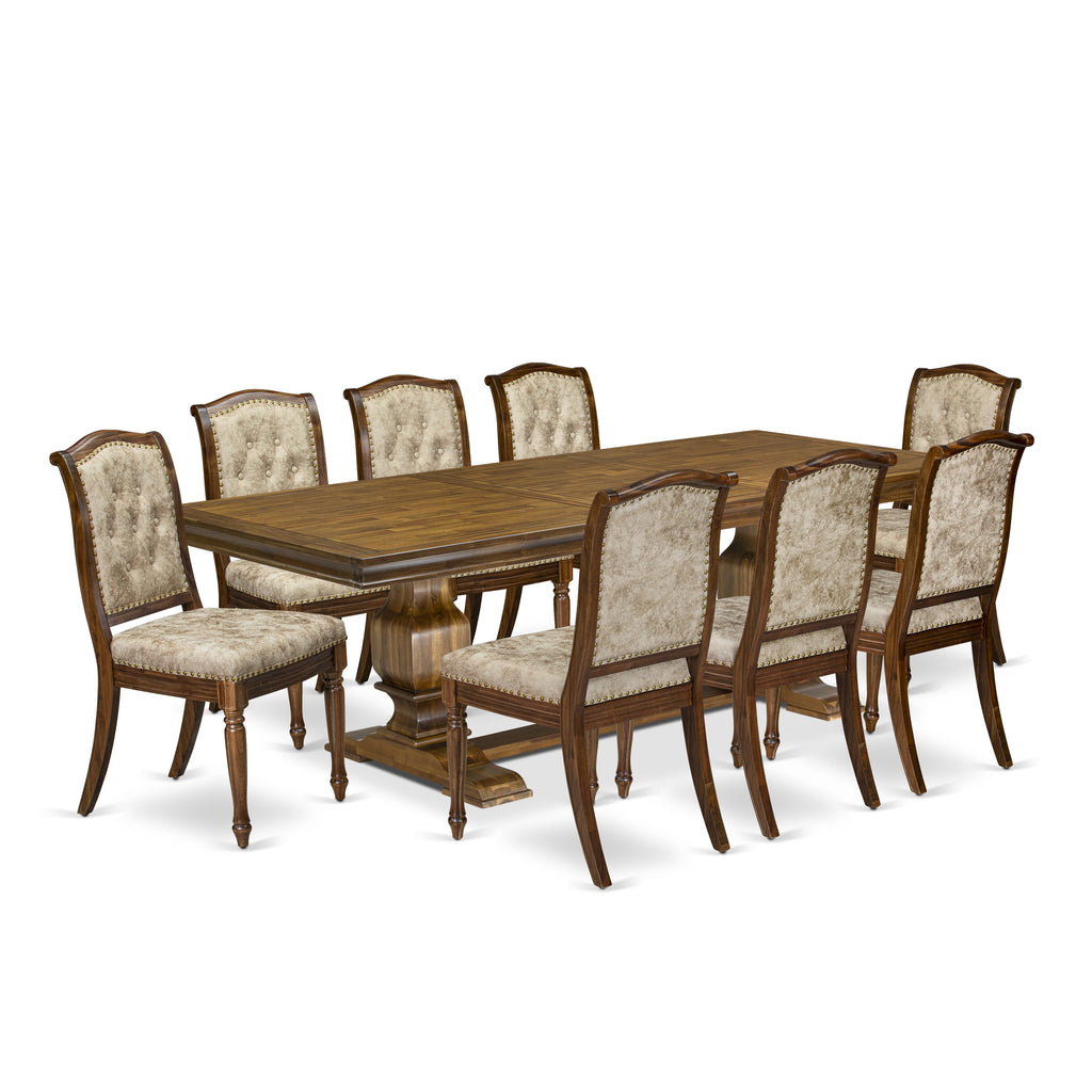 Luxe by East West Furniture LKMA9-AWA-36 9 Pieces Dining table set includes a Rectangular Dining Table and 8 Light Beige PU Leather Dining Room Chairs, Antique Walnut finish
