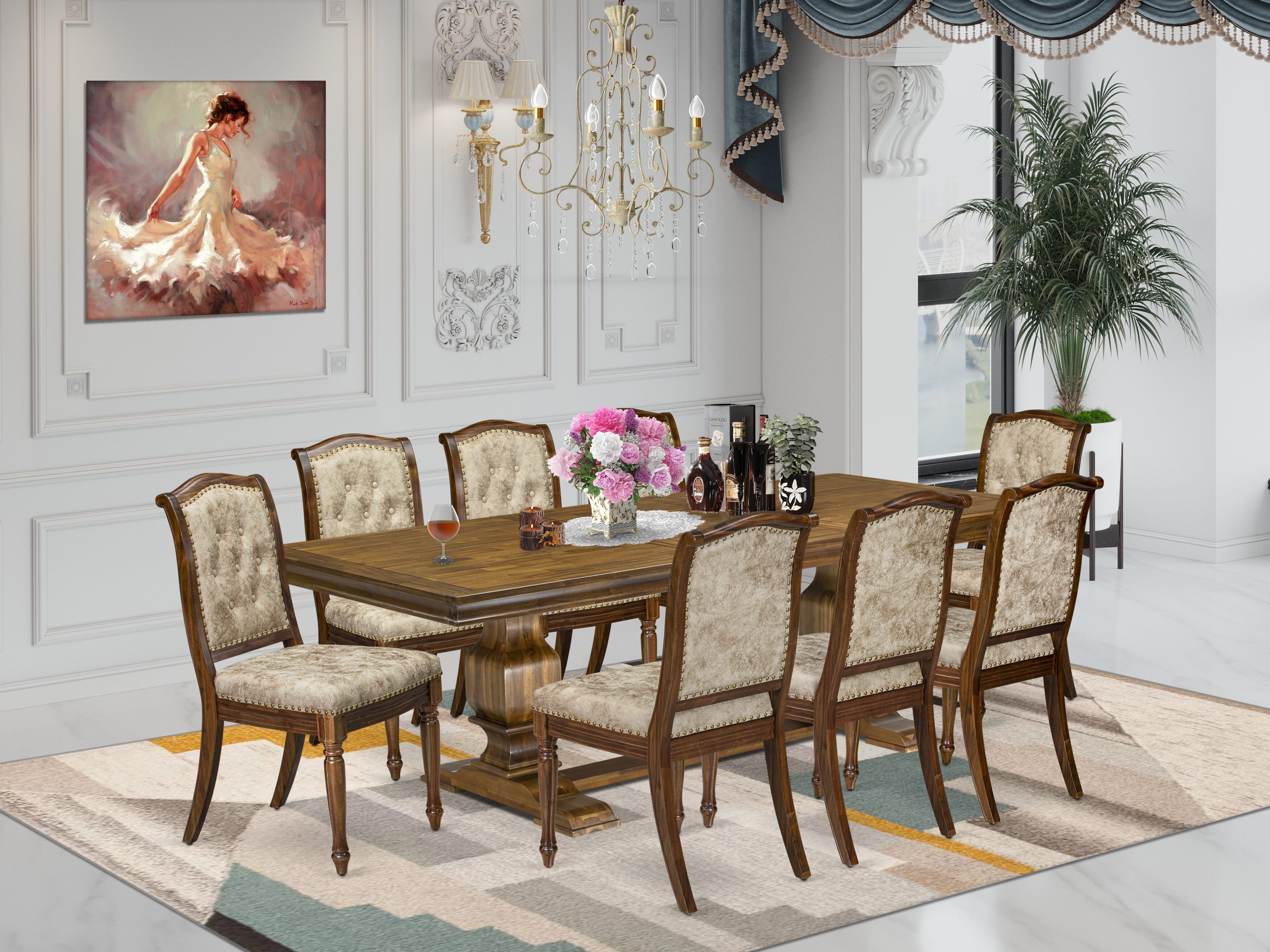 Luxe by East West Furniture LKMA9-AWA-36 9 Pieces Dining table set includes a Rectangular Dining Table and 8 Light Beige PU Leather Dining Room Chairs, Antique Walnut finish