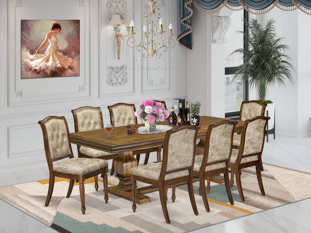 Luxe by East West Furniture LKMA9-AWA-36 9 Pieces Dining table set includes a Rectangular Dining Table and 8 Light Beige PU Leather Dining Room Chairs, Antique Walnut finish