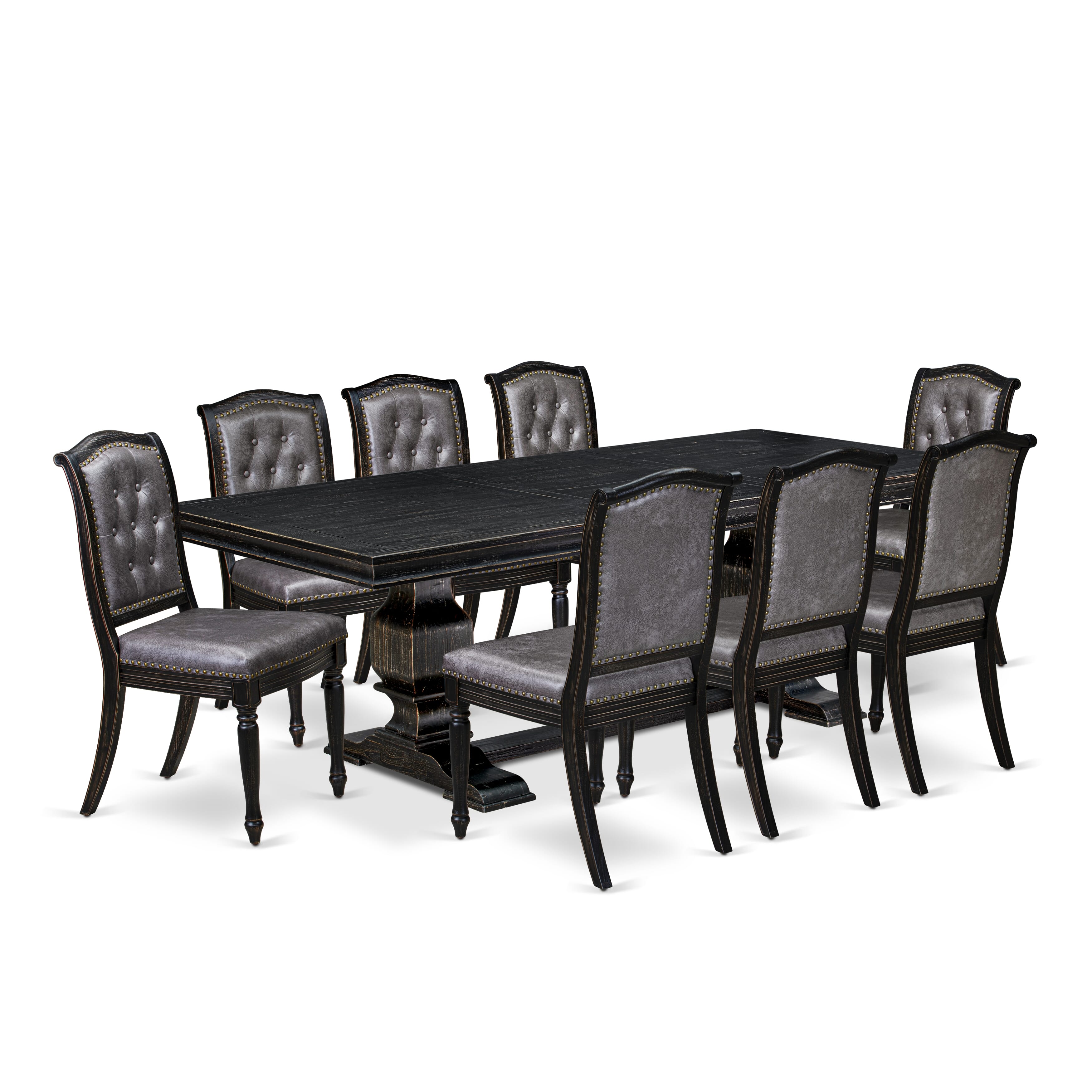 Luxe by East West Furniture - LKMA9-SBB-34 - 9-piece Modern Dining Table Set consists of a Wood Table and 8 Dark Grey PU Leather Dinning Chairs with Button Tufted Back - Sand Blasting Black Finish