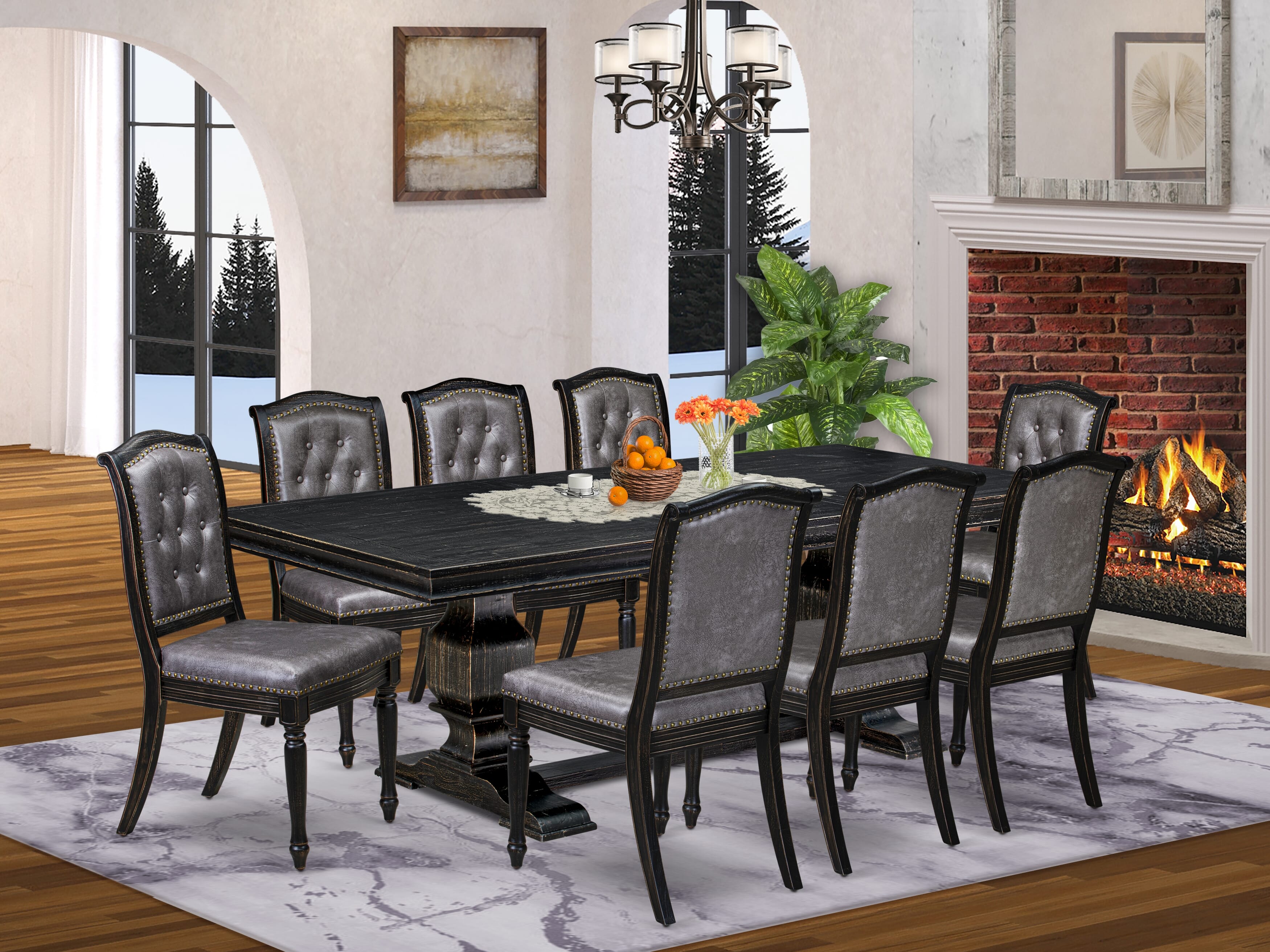 Luxe by East West Furniture - LKMA9-SBB-34 - 9-piece Modern Dining Table Set consists of a Wood Table and 8 Dark Grey PU Leather Dinning Chairs with Button Tufted Back - Sand Blasting Black Finish