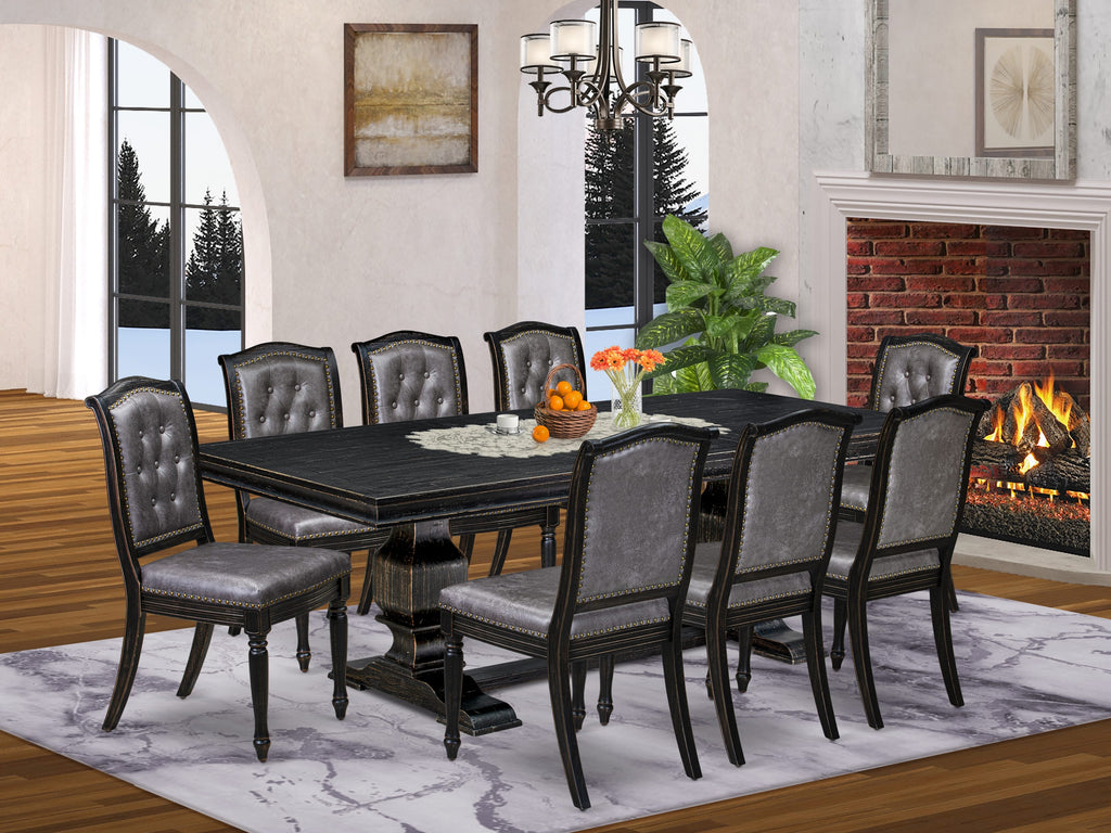 Luxe by East West Furniture - LKMA9-SBB-34 - 9-piece Modern Dining Table Set consists of a Wood Table and 8 Dark Grey PU Leather Dinning Chairs with Button Tufted Back - Sand Blasting Black Finish