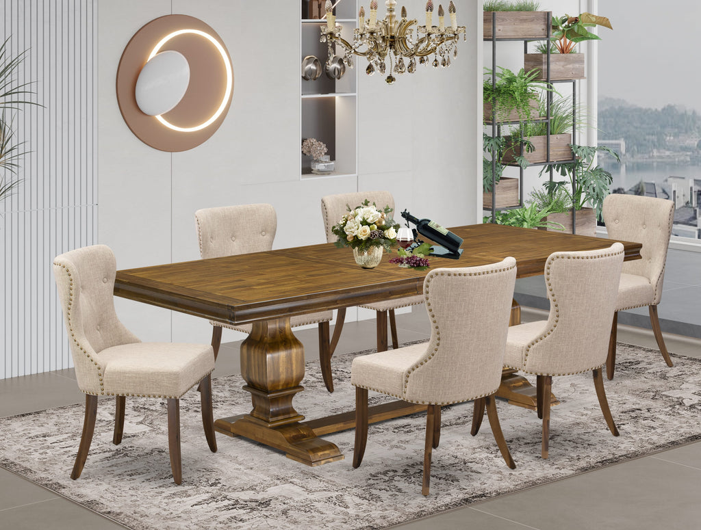Luxe by East West Furniture - LKSI7-AWA-04 - 7-piece Modern Dining Set consists of a Wooden Table and 6 Light Tan Linen Fabric Modern Dining Chairs with Button Tufted Back - Antique Walnut Finish